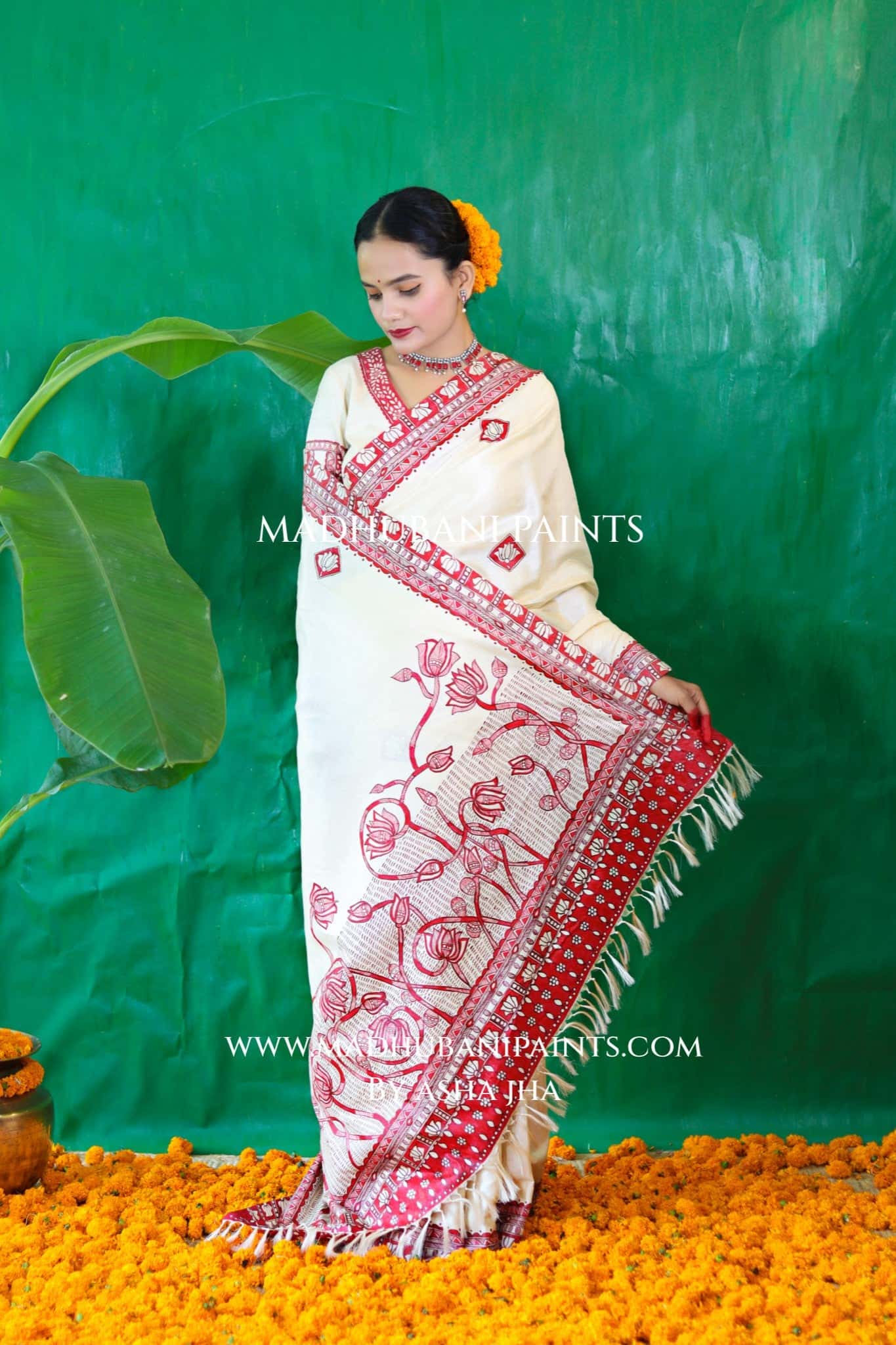 KAMALAKSHI Chhath Puja Handpainted Madhubani Tussar Silk Saree Blouse Set — image 3 of 13