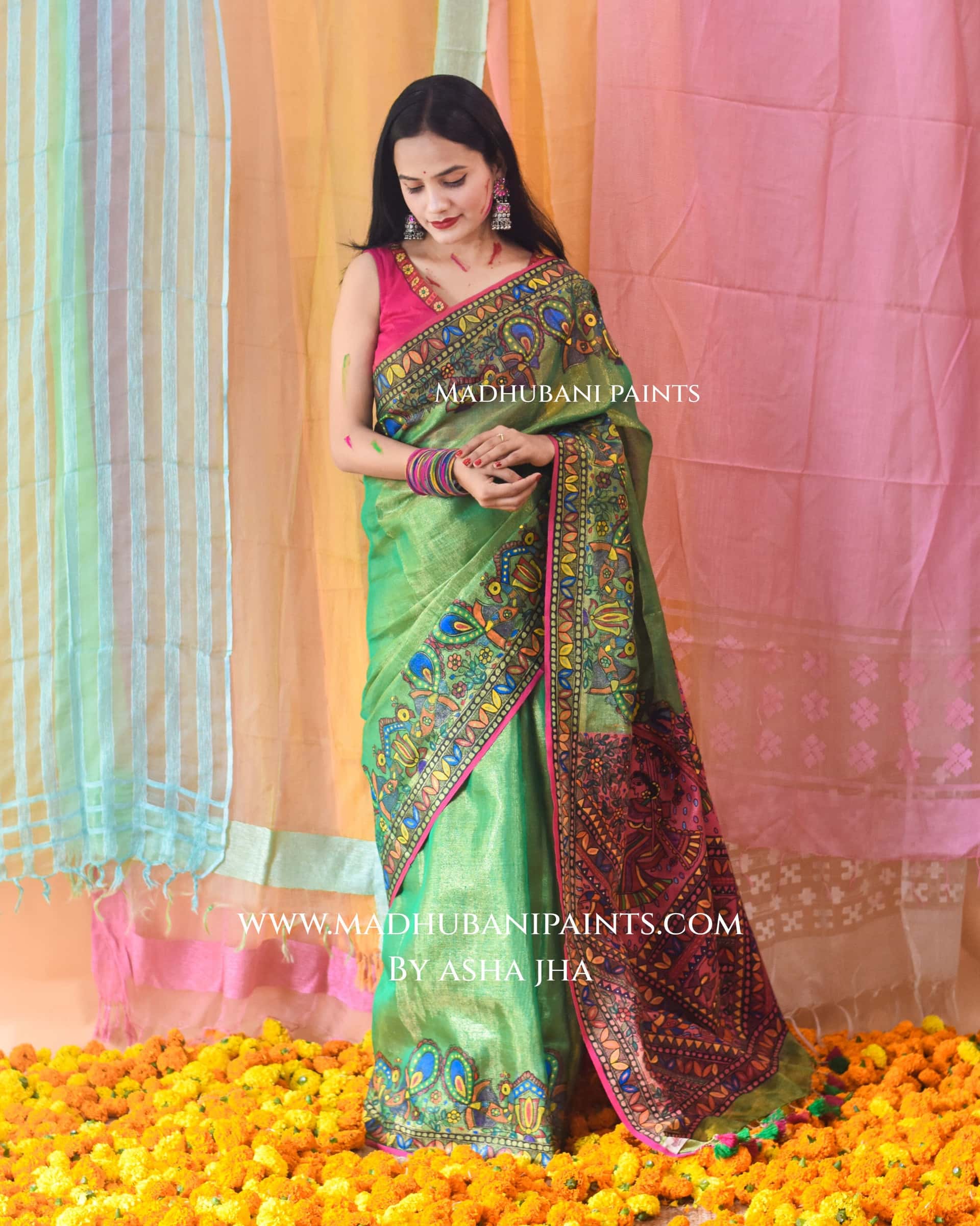 GULAL Hand-painted Madhubani Tissue Linen Saree — image 3 of 9