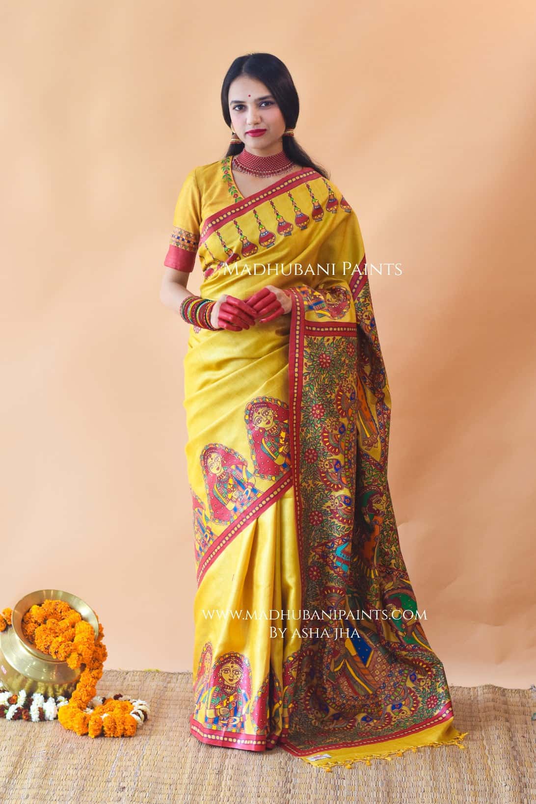 Madhur Milan Hand-painted Madhubani Tussar Silk Saree Blouse Set — image 2 of 8