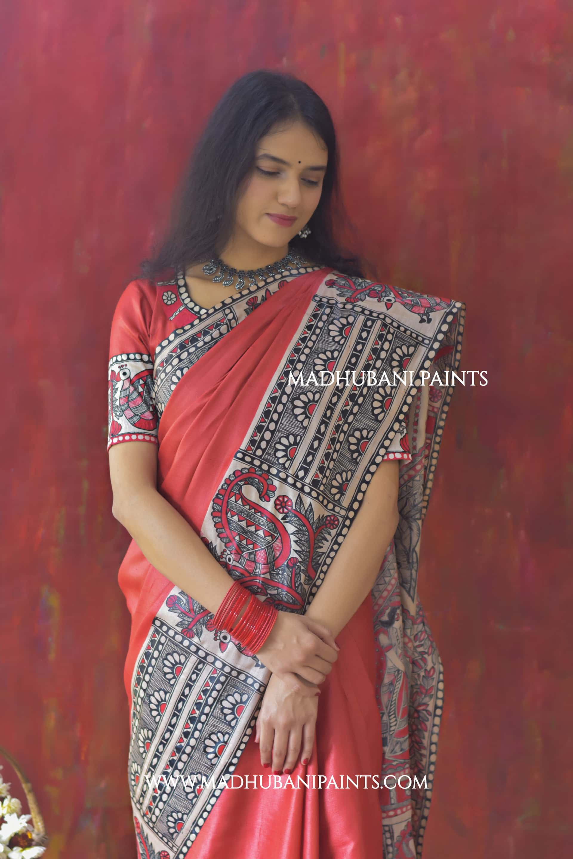 RED BENGALI WEDDING Hand-painted Madhubani Tussar Silk Saree — image 6 of 8