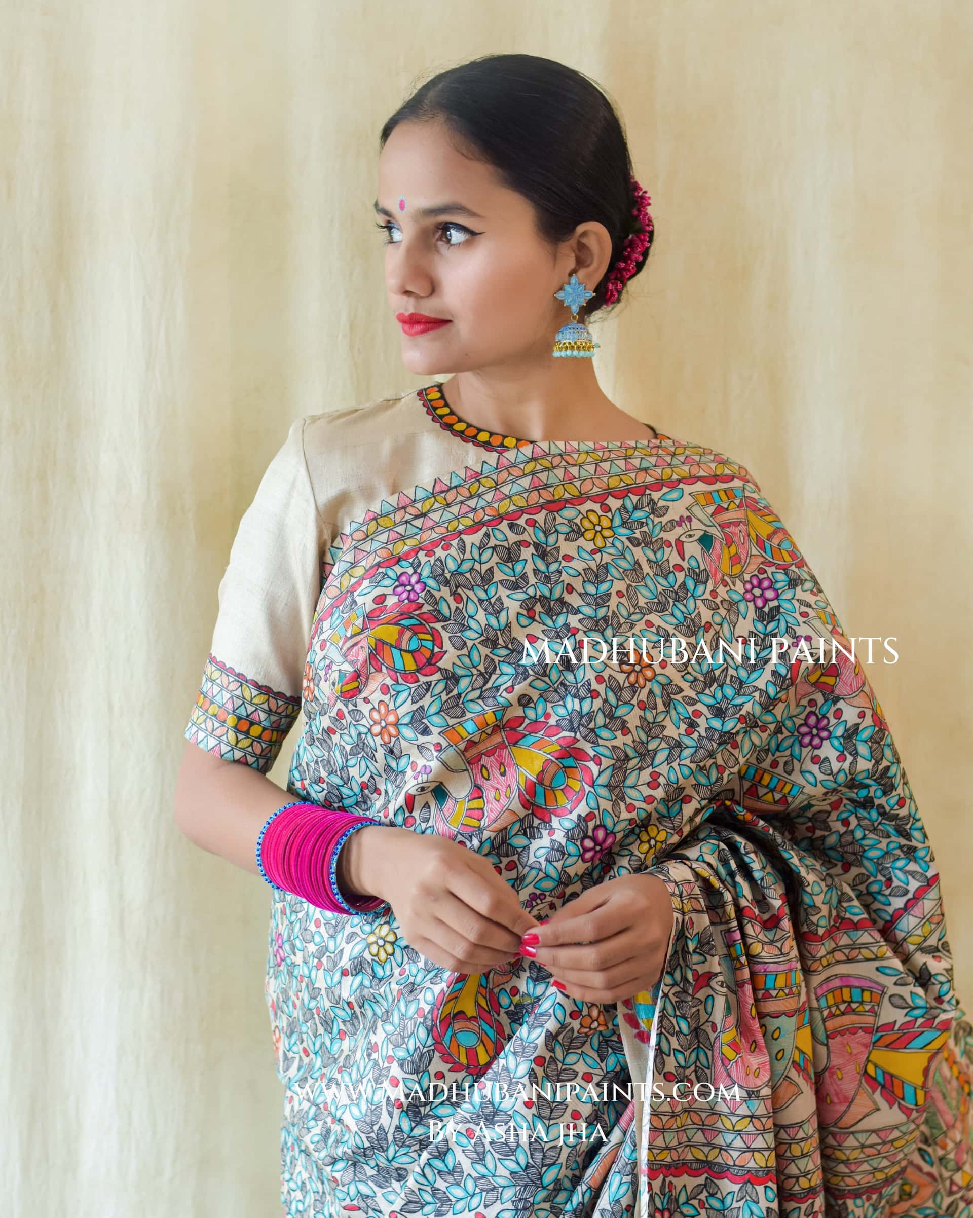 NEEL RAMAYAN Half Work Hand-painted Madhubani Tussar Silk Saree — image 5 of 10