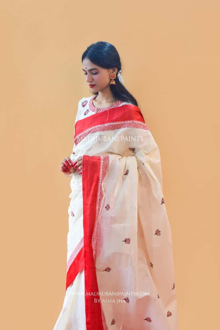 'SINDOORI' Handpainted Madhubani Cotton Saree — image 7 of 8