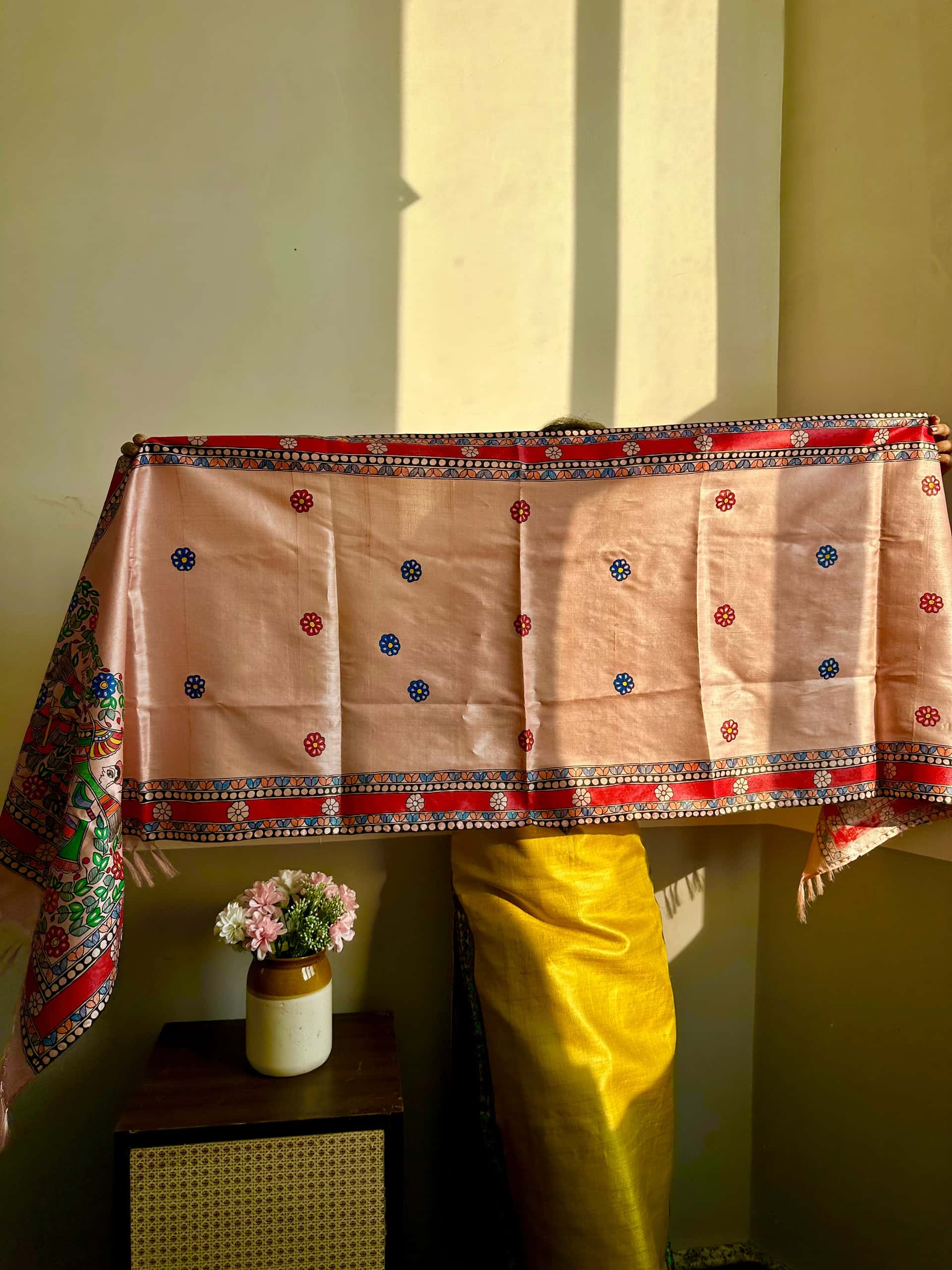 Pink Bidaai Madhubani Hand-painted Tussar Silk Stole — image 4 of 4