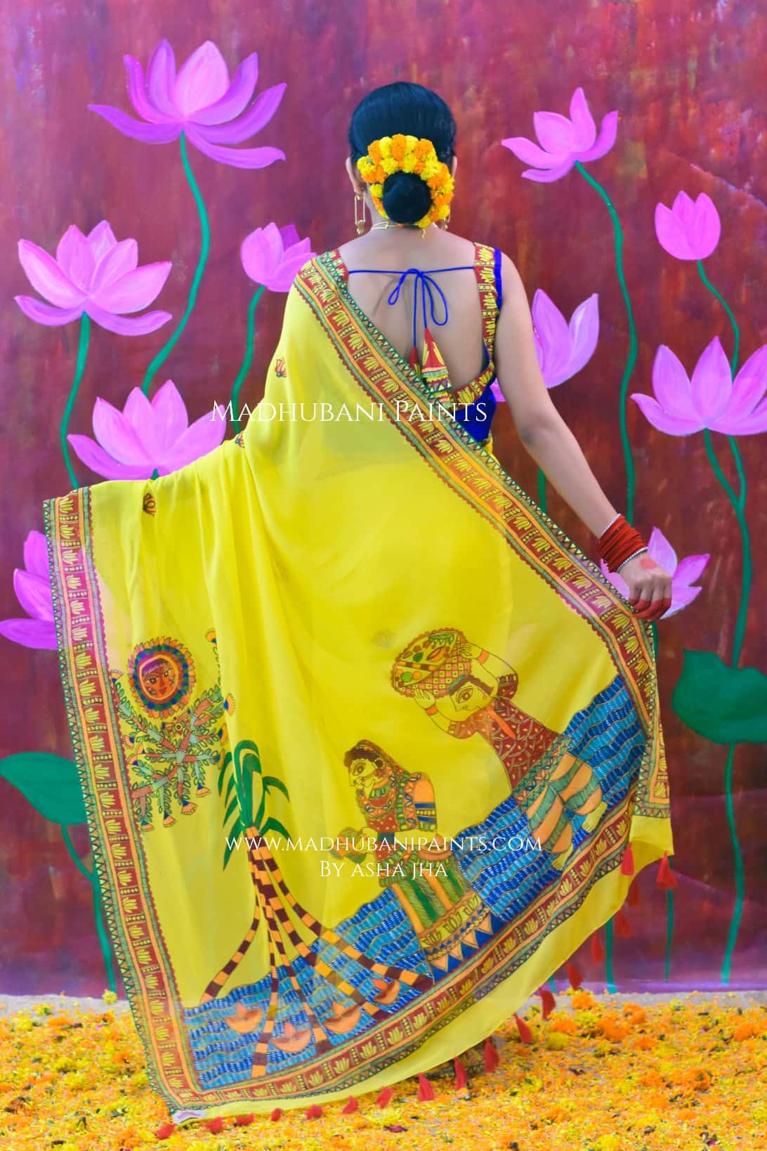 BHAKTI BHAVA Chhath Puja Hand painted Madhubani Georgette Saree Blouse Set — image 7 of 7