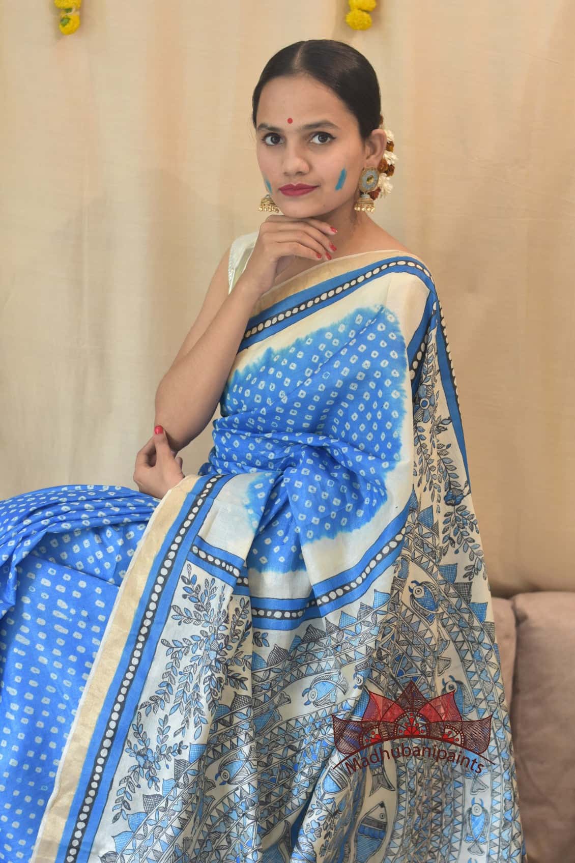 Madhubani Bandhani NEELI Mayur- Surmai Mandara Handpainted Saree — image 3 of 6