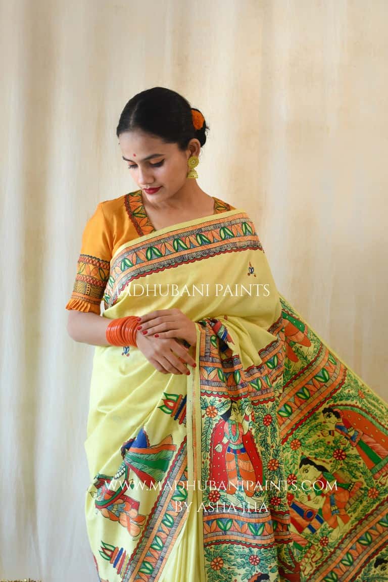 'SHAADI VIDDHI' Handpainted Madhubani Bishnupuri Silk Saree Blouse Set — image 5 of 12