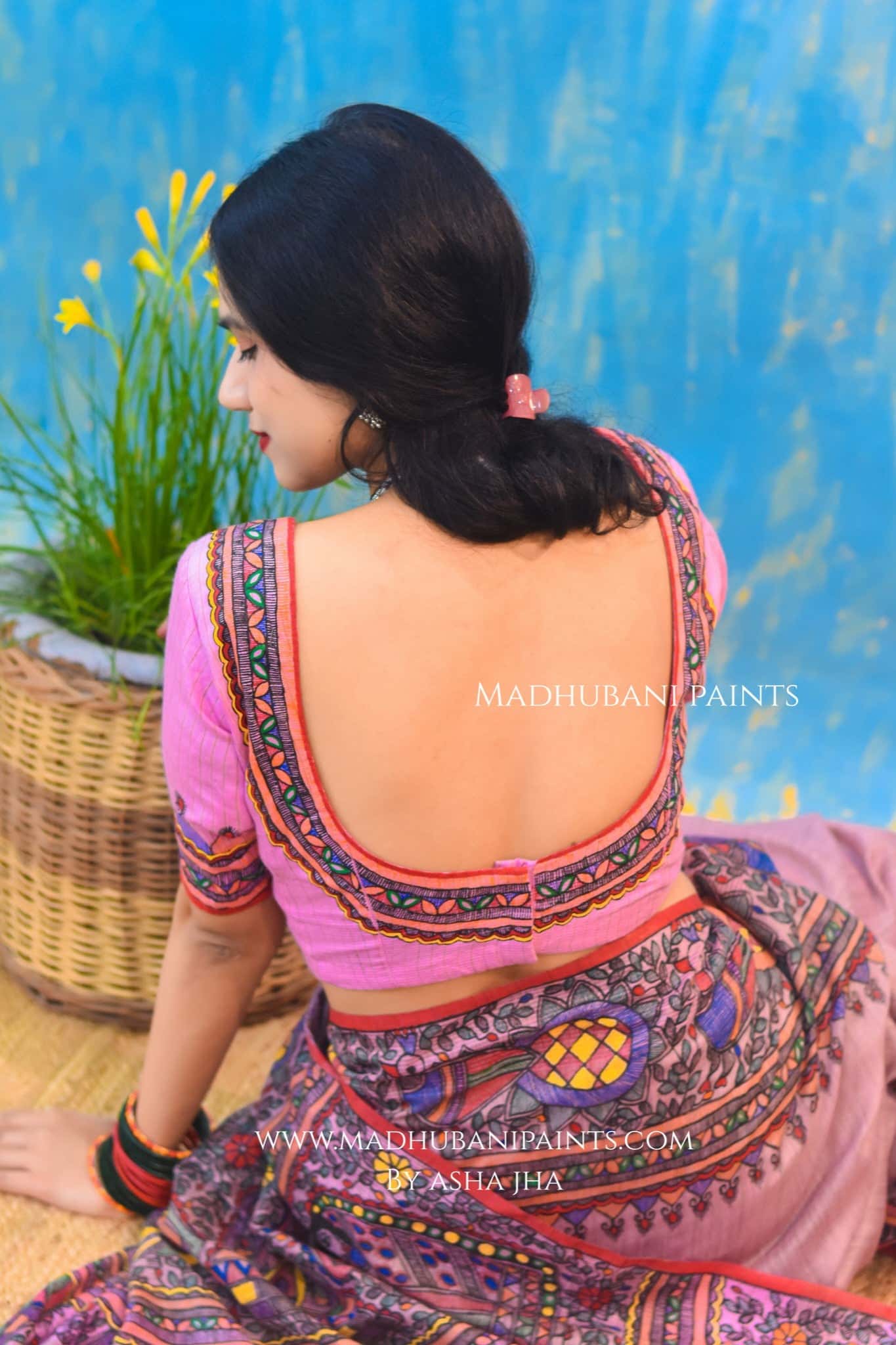 "Gulabi Ramayan" Hand-painted Madhubani Chanderi Saree Blouse Set — image 2 of 10