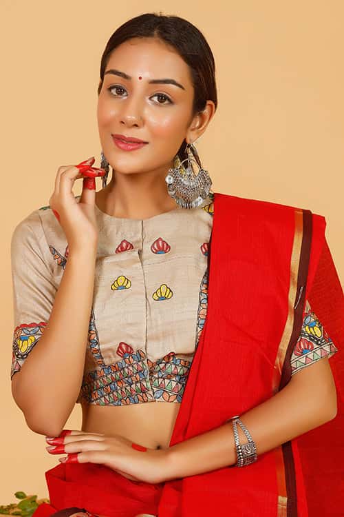 'Krishna' Handpainted Madhubani Tussar silk Blouse — image 2 of 9