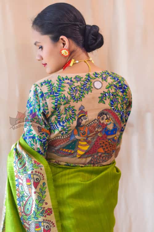 'MANMOHANA RADHA KRISHNA' Handpainted Madhubani Tussar Silk Blouse — image 3 of 4