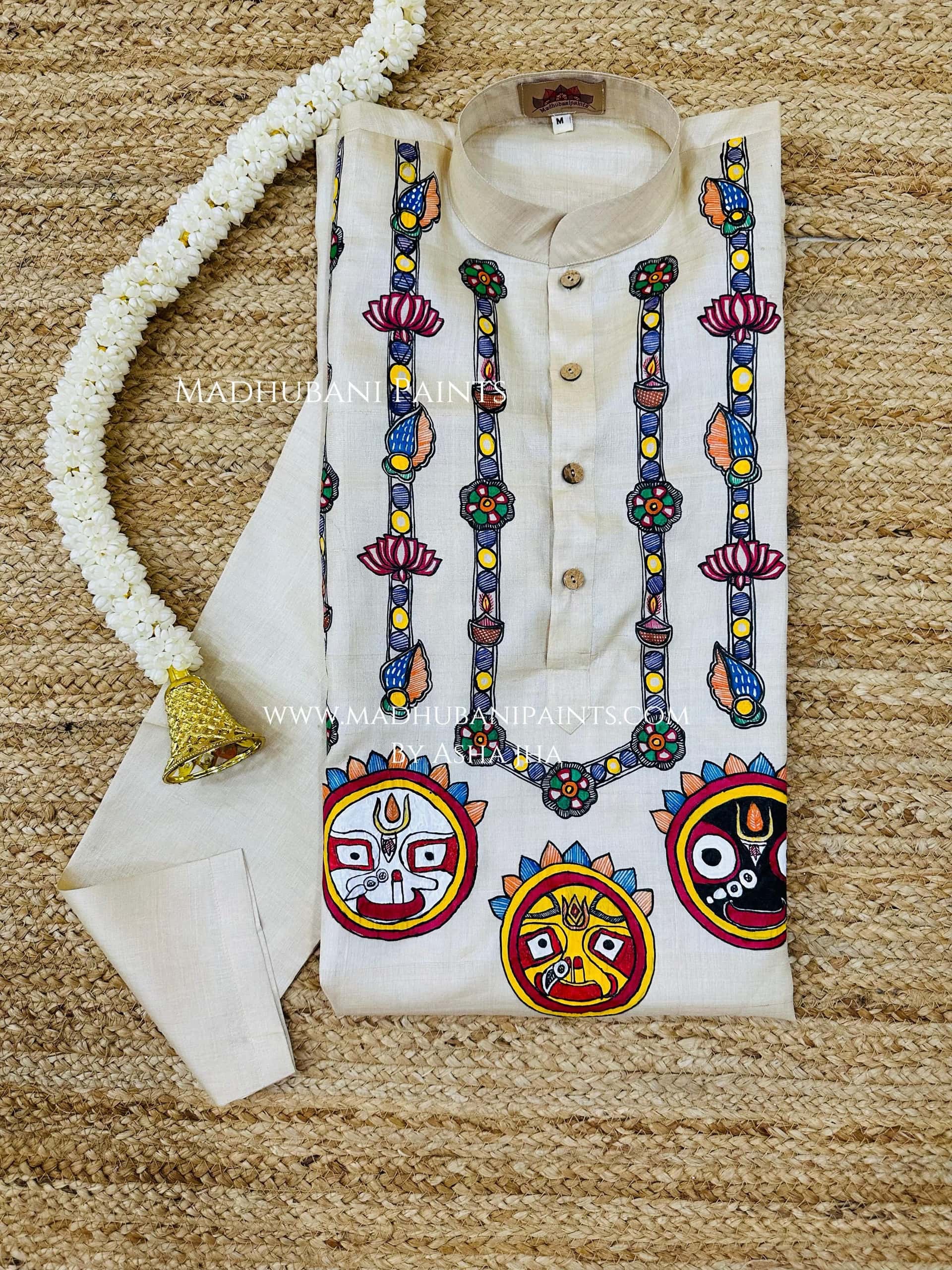 Lord Jagannatha Hand-painted  Madhubani Men's Tussar Silk Kurta — image 3 of 4