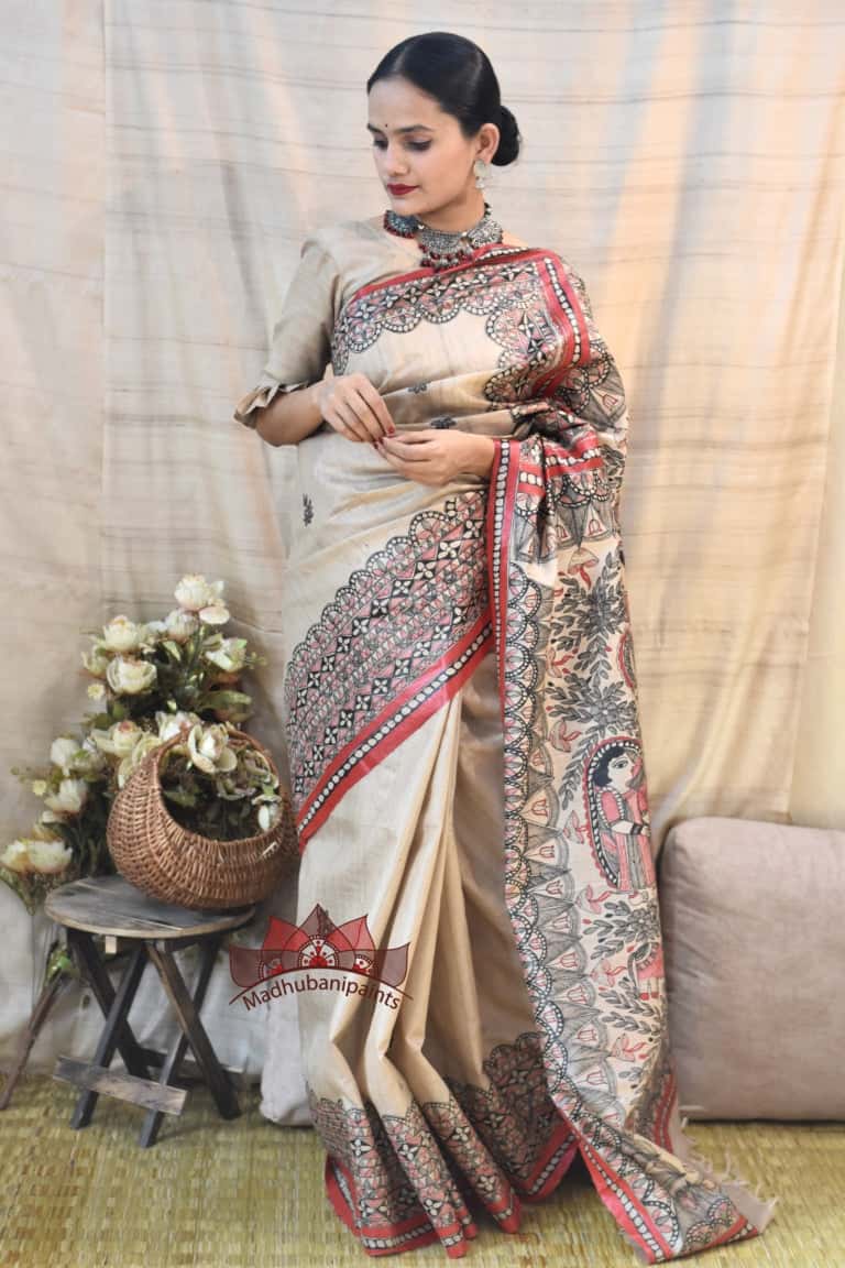 Maa Durga Red Black Hadpainted Tussar Saree — image 5 of 6