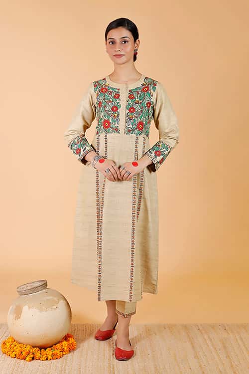 'Mayur' Handpainted Madhubani Pleated Dress Cotton Kurta — image 6 of 8