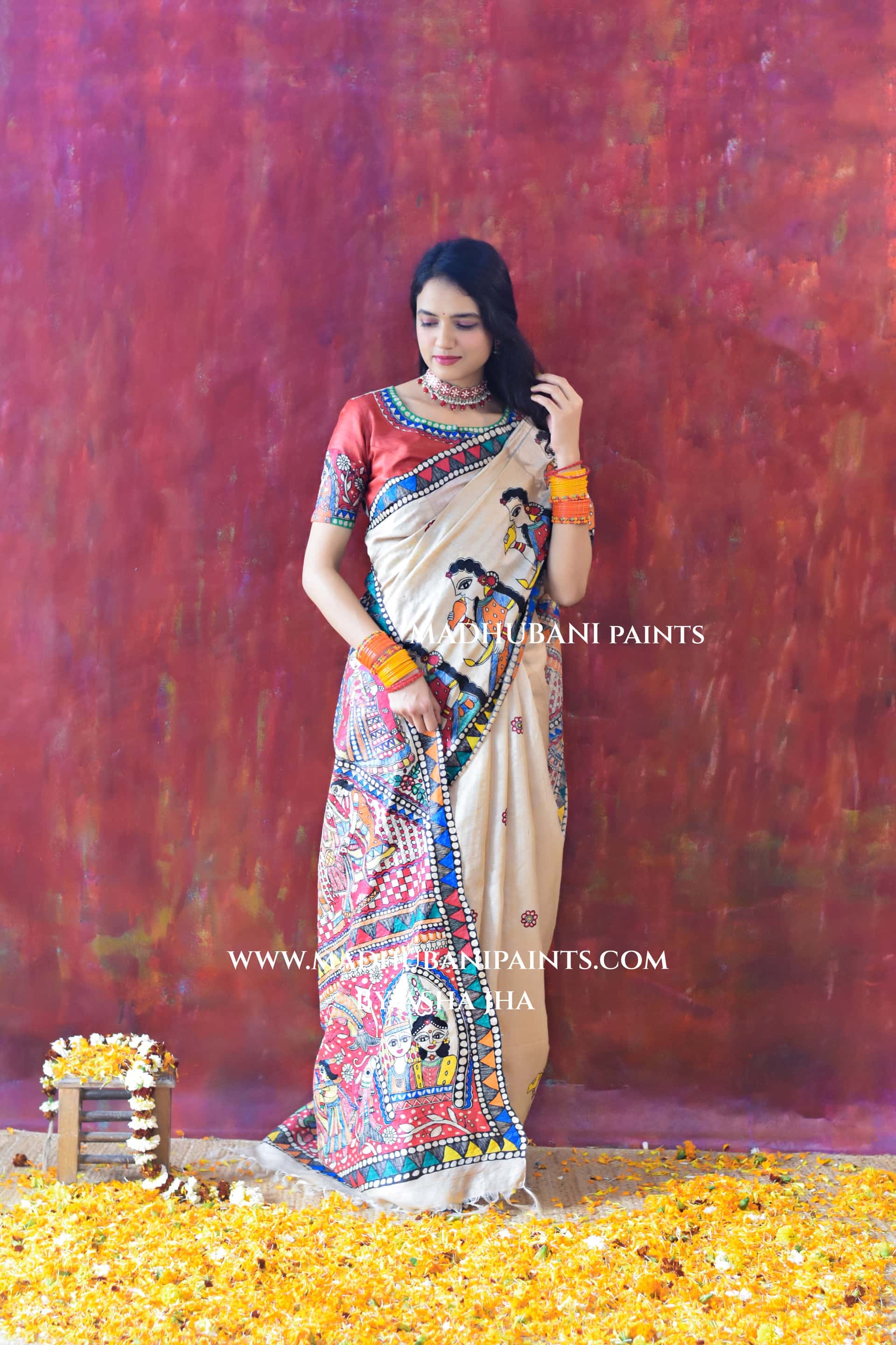 Bengali Vivah Hand-painted Madhubani Tussar Silk Saree Blouse Set — image 2 of 7