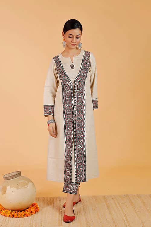'Surmai Kachni Angrakha' Handpainted Madhubani Cotton Kurta — image 3 of 7