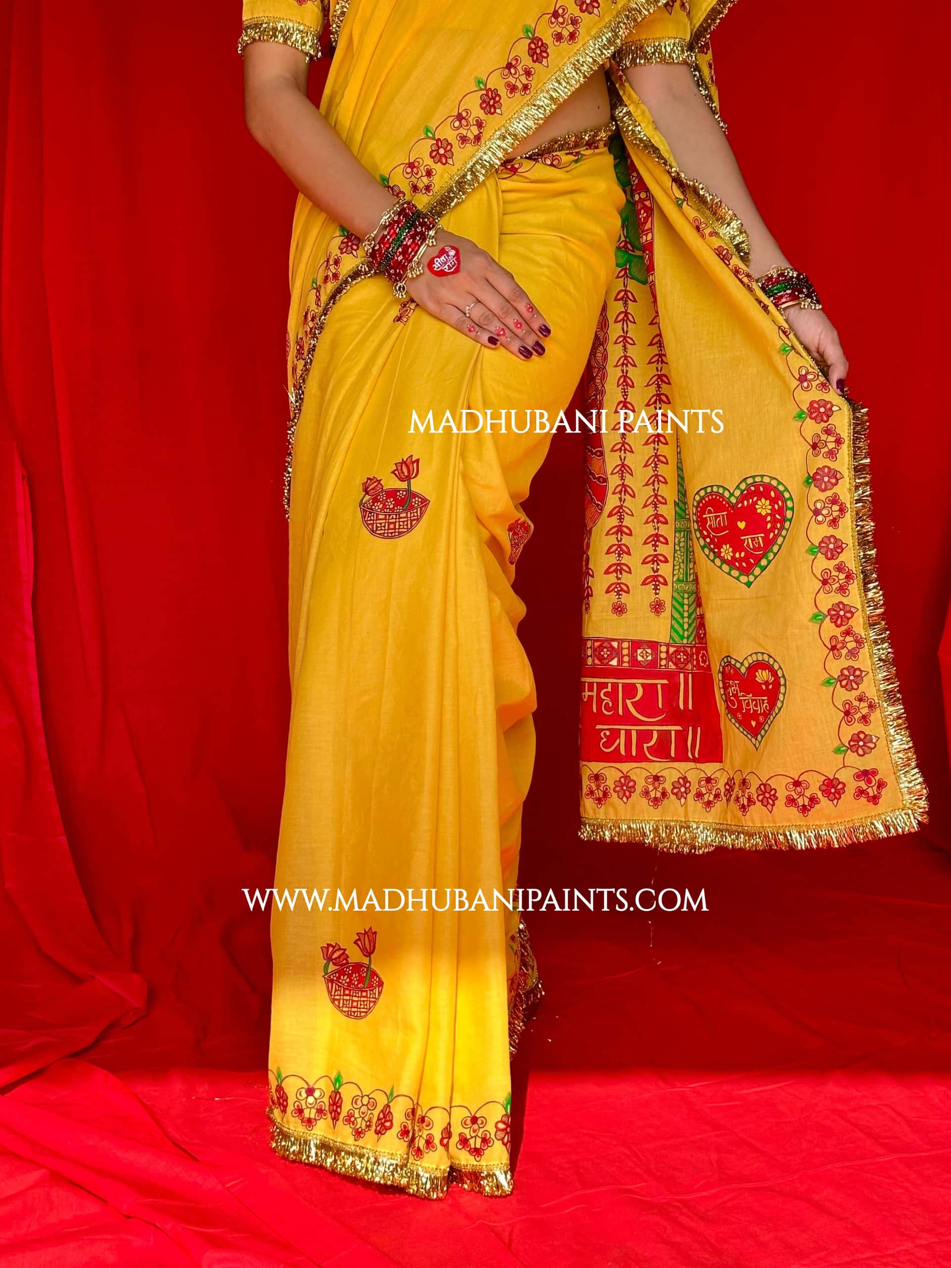 Swayambar Bihari Bridal Hand-painted Madhubani Painting Cotton Saree Blouse Set — image 7 of 12