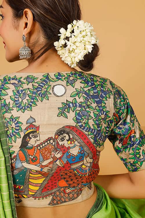 'Radha Krishna Raasleela' Handpainted Madhubani Tussar Silk Blouse — image 5 of 7