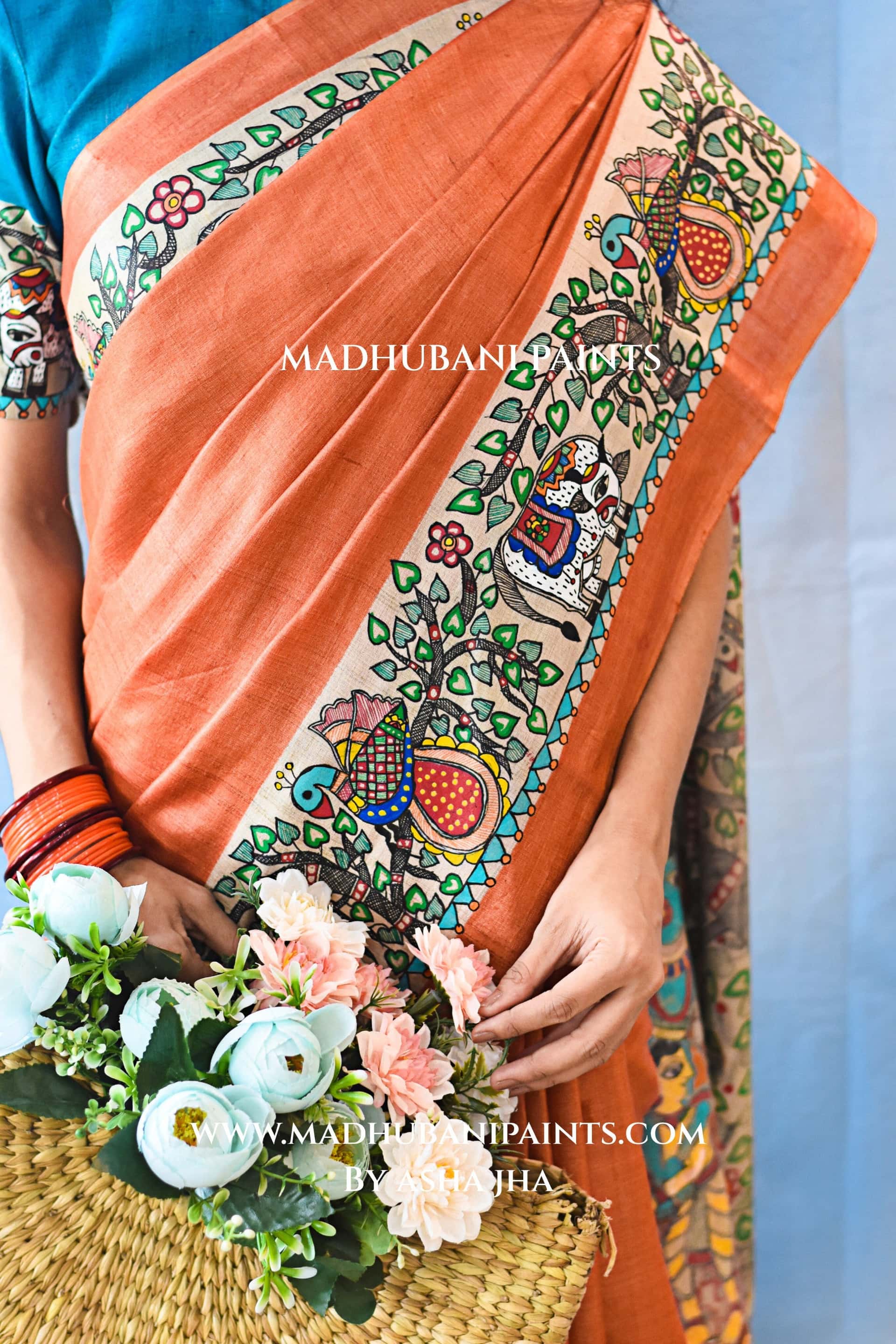 KANHA KI MAAKHAN LEELA Handpainted Madhubani Tussar Silk Saree Blouse Set — image 7 of 10