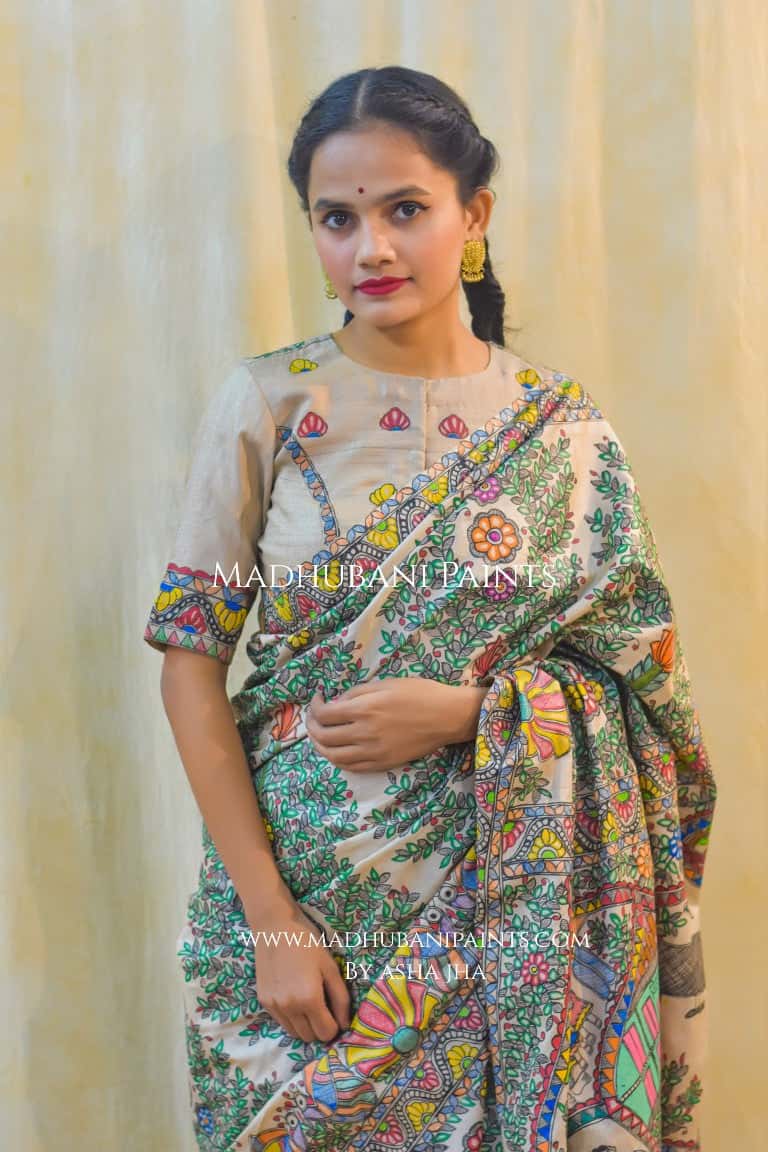 'KAHANI PADMA KI' Handpainted Madhubani Tussar Silk Saree — image 5 of 11