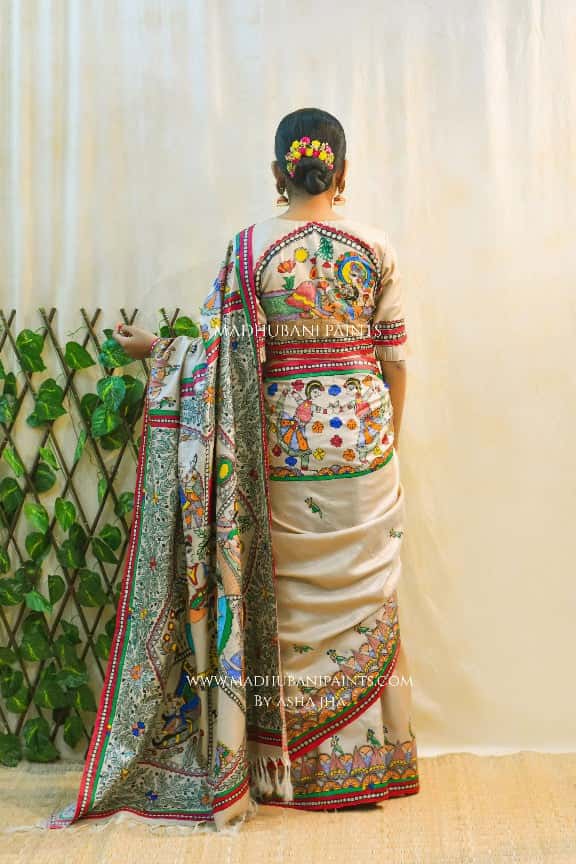 NANDGOPALA RADHA' Handpainted Madhubani Tussar Silk Saree Blouse set — image 3 of 8