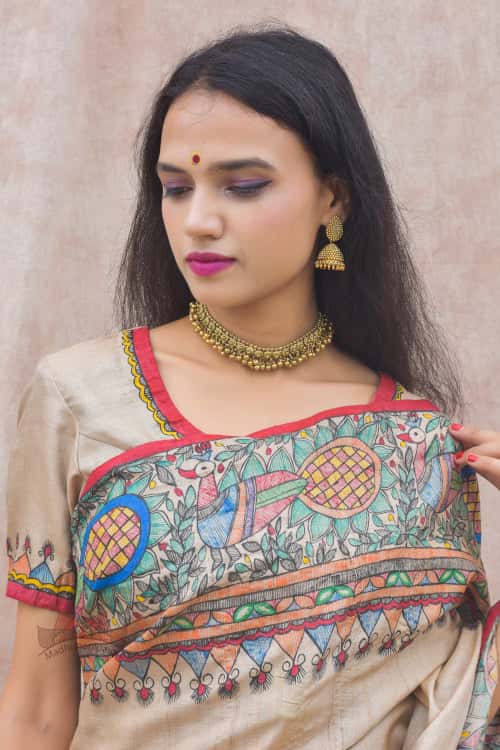 'RAMAYANA' Handpainted Madhubani Tussar Silk Saree Blouse Set — image 6 of 8