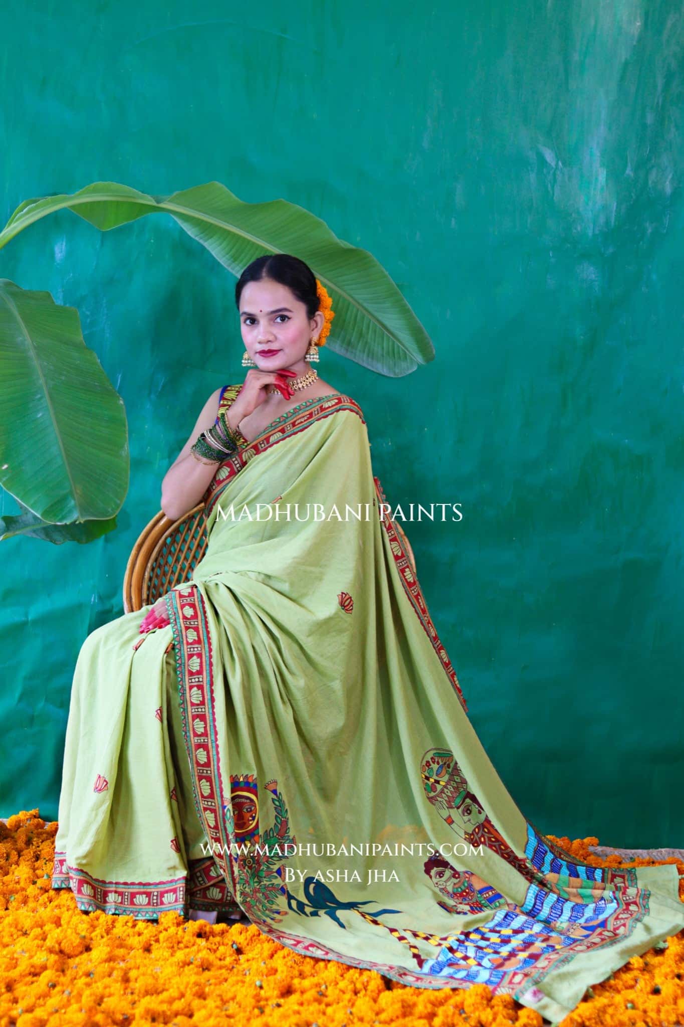 BHAKTI BHAVA Chhath Puja Hand painted Madhubani Cotton Saree — image 2 of 13