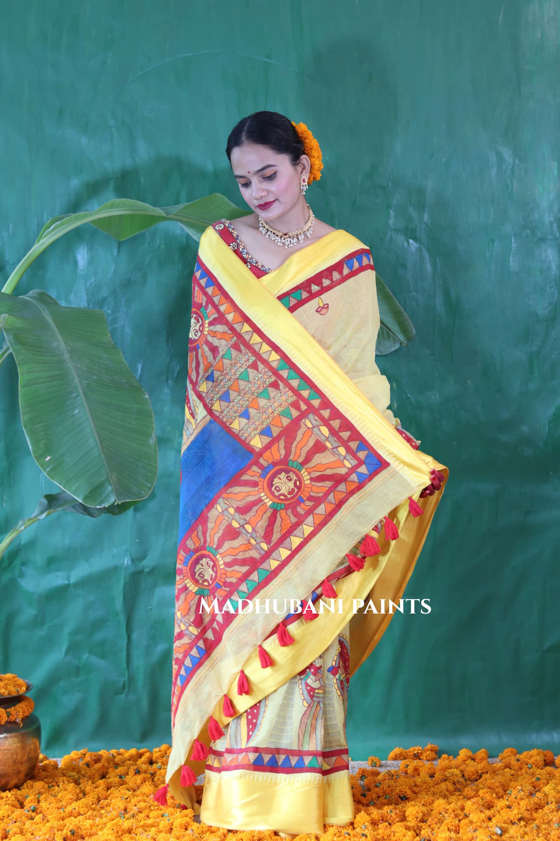Chhath Puja Handpainted Madhubani Handloom Cotton Saree Blouse Set — image 3 of 5