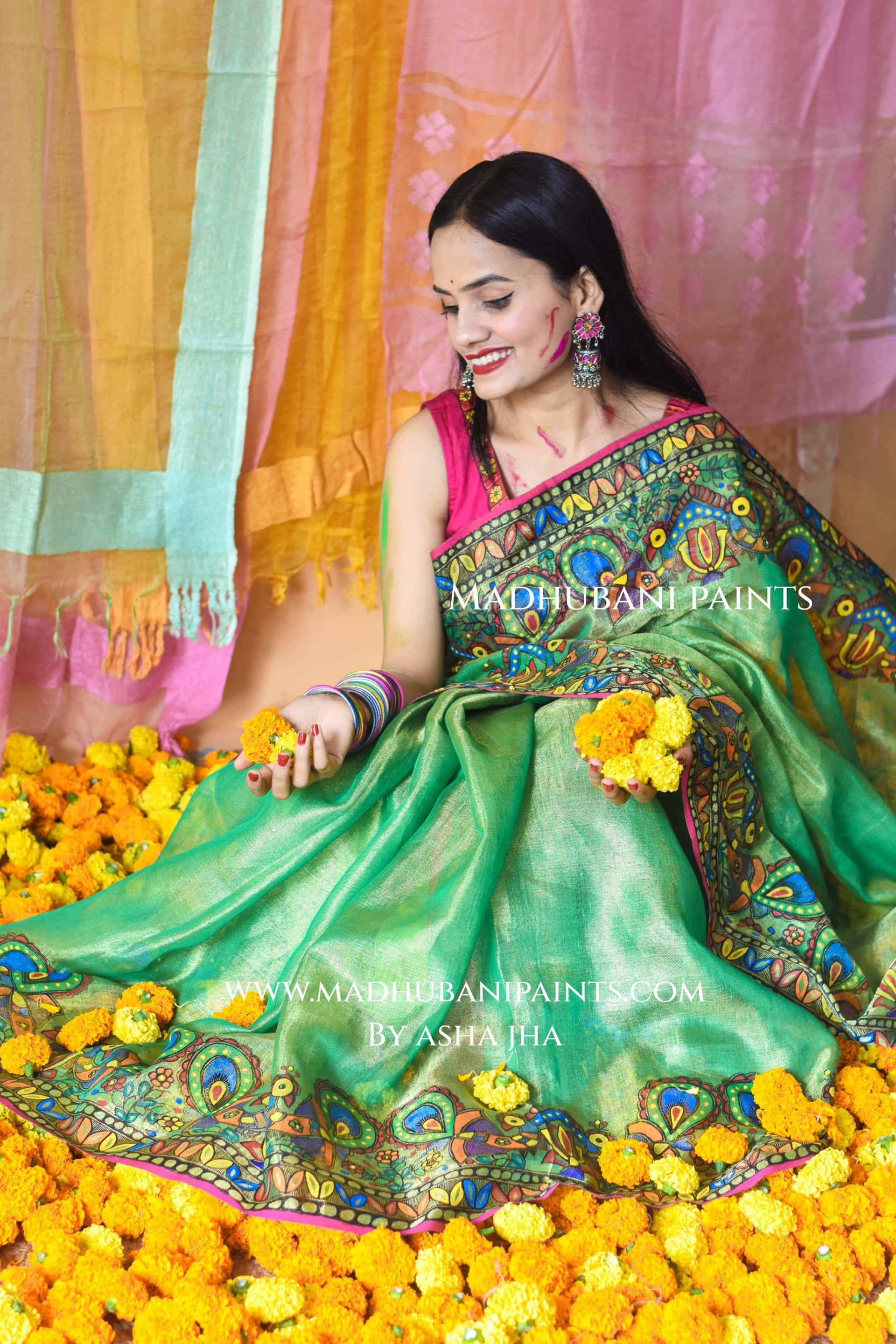 GULAL Hand-painted Madhubani Tissue Linen Saree — image 2 of 9