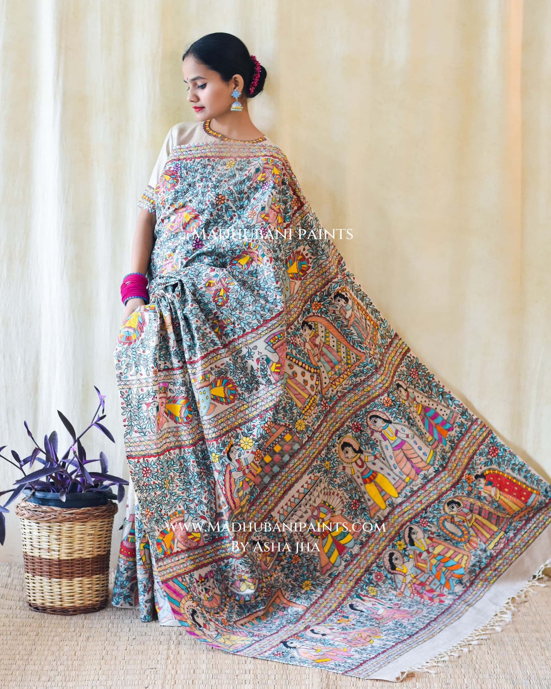 NEEL RAMAYAN Half Work Hand-painted Madhubani Tussar Silk Saree — image 9 of 10