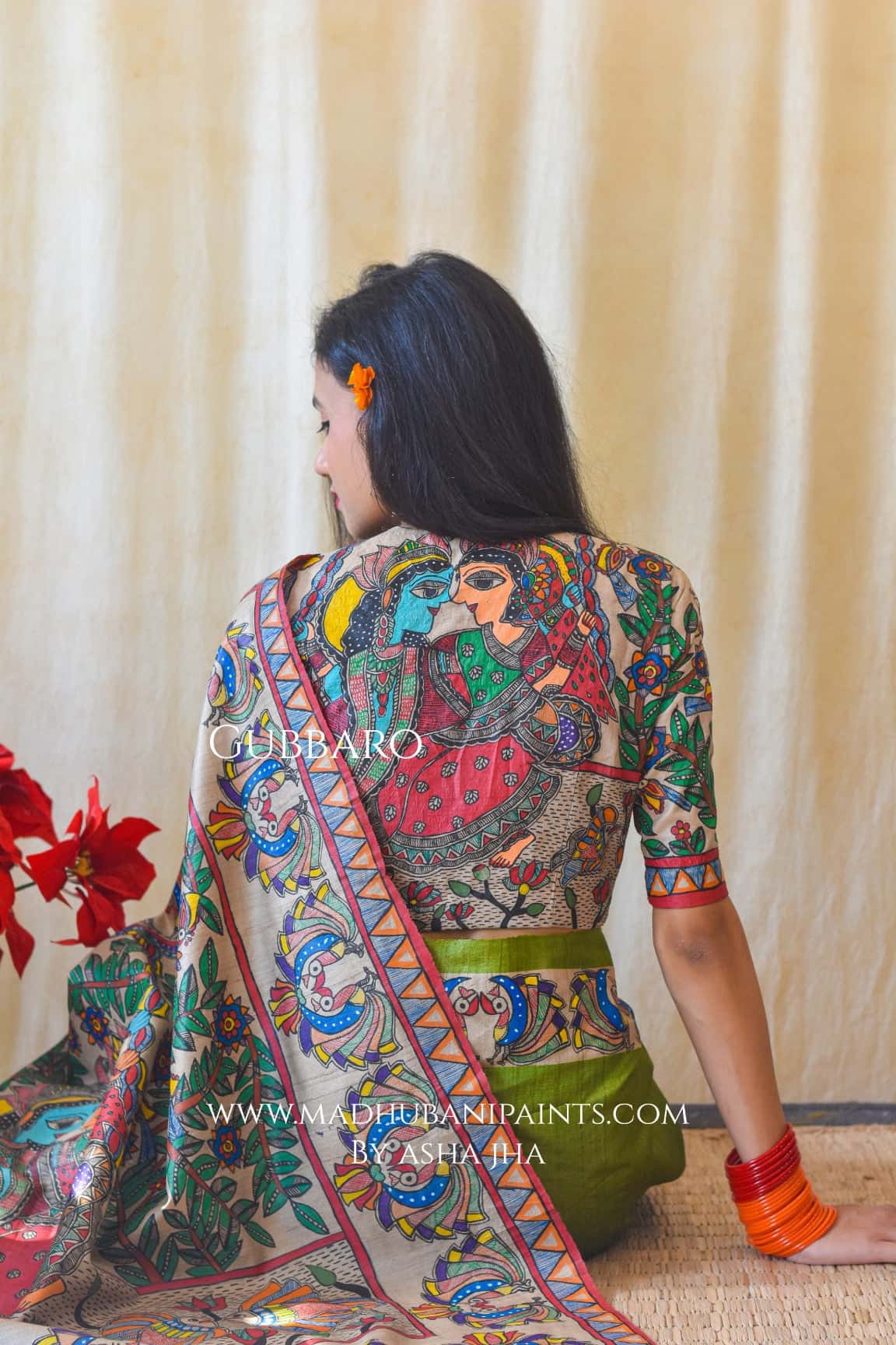 RADHA SANG KRISHNA Handpainted Madhubani Tussar Silk Saree Blouse — image 2 of 9