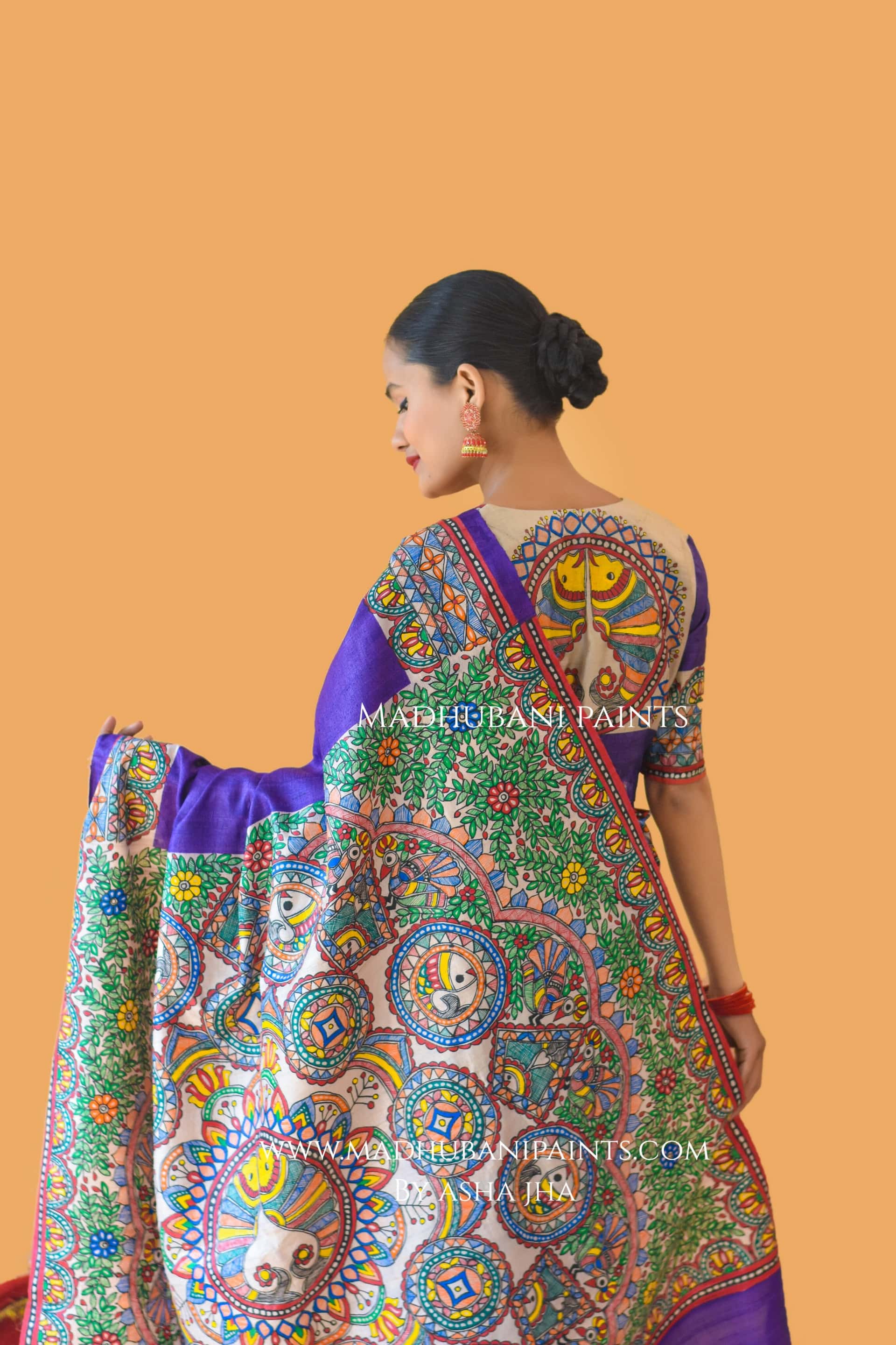 'MANOHARA' Tussar Silk Hand-Painted Madhubani Saree Blouse set — image 2 of 10