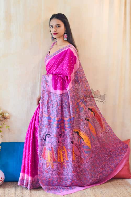 'SITA SWAYAMBAR' Handpainted Madhubani Bandhini Pure Silk Saree — image 2 of 5
