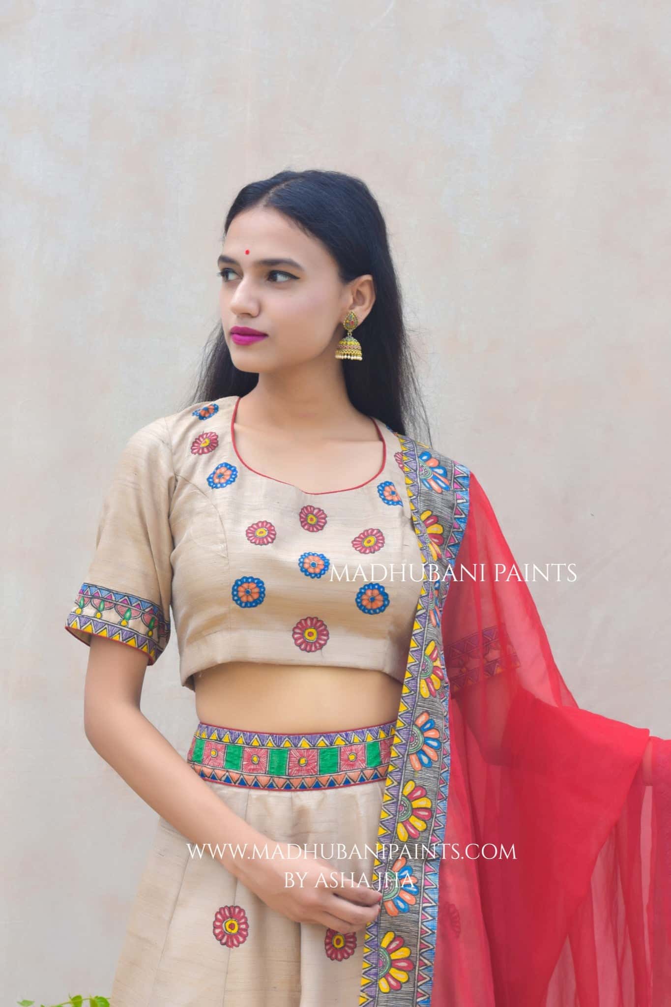 RADHA KRISHNA SANGEET Hand-painted Madhubani Lehnga — image 2 of 11