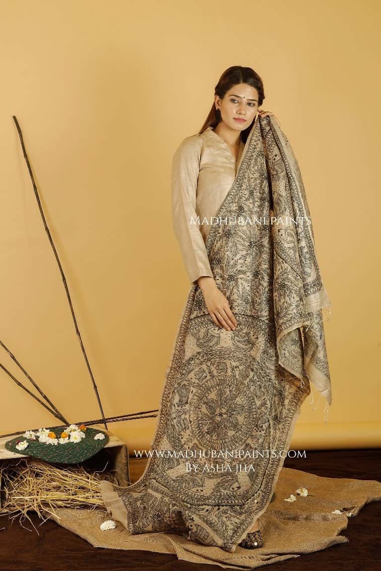 Mayuri Matsya Mandara Madhubani Handpainted Pure Handwoven Tussar Silk Dupatta — image 3 of 3