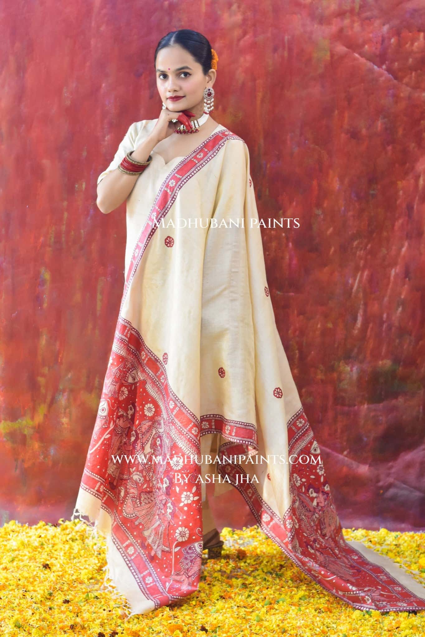 'LAAL DOLI' Handpainted Madhubani Tussar Silk Dupatta — image 4 of 6