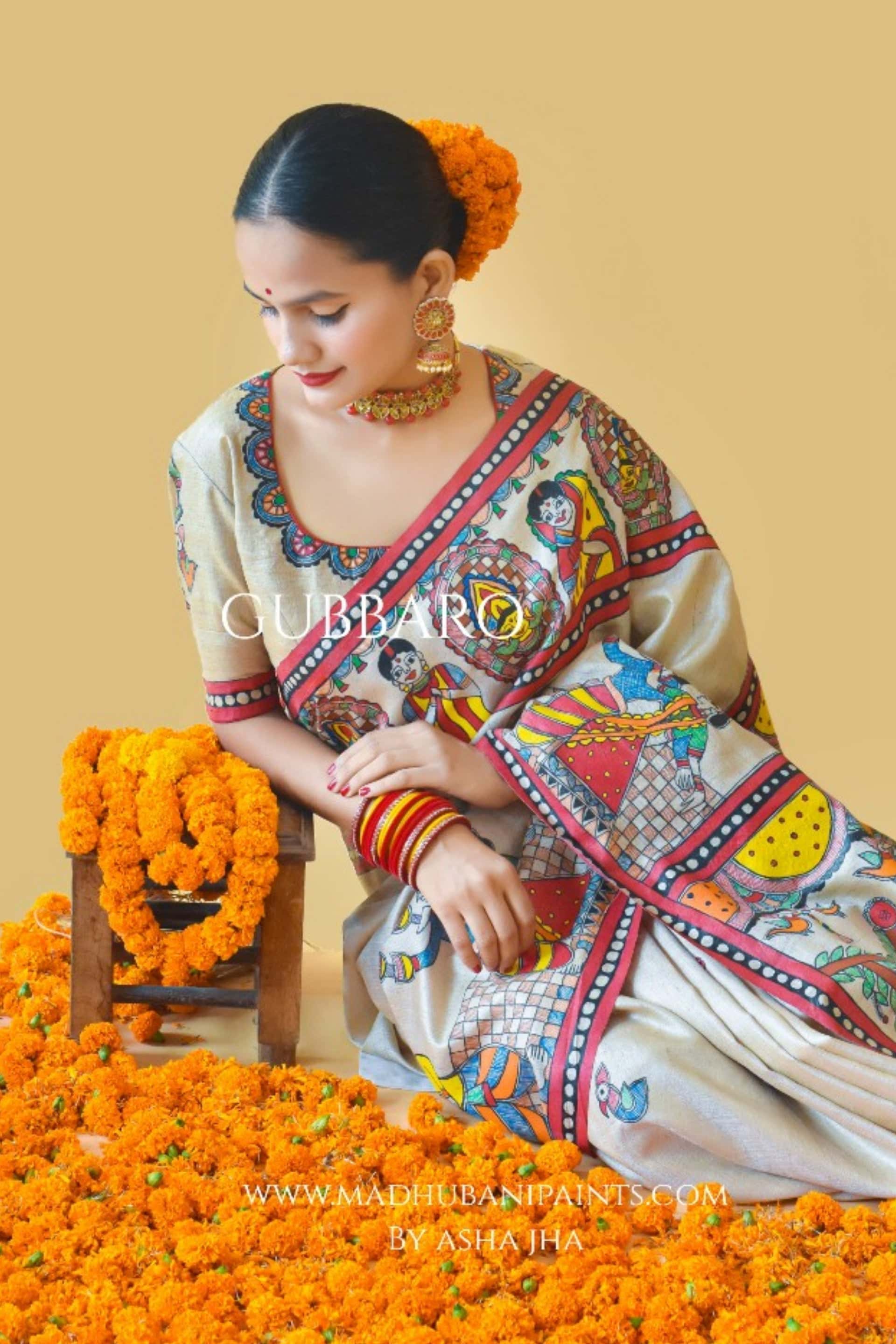 'SHAKTI' Handpainted Madhubani Tussar Silk Saree — image 9 of 10