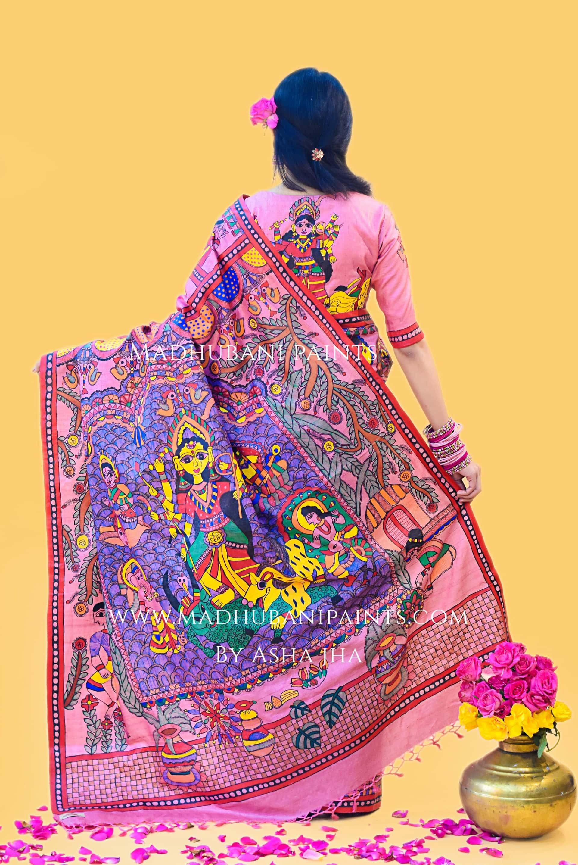 "GULABI DURGA" Handpainted Madhubani Bandhini Tussar Silk Saree Blouse set — image 5 of 9