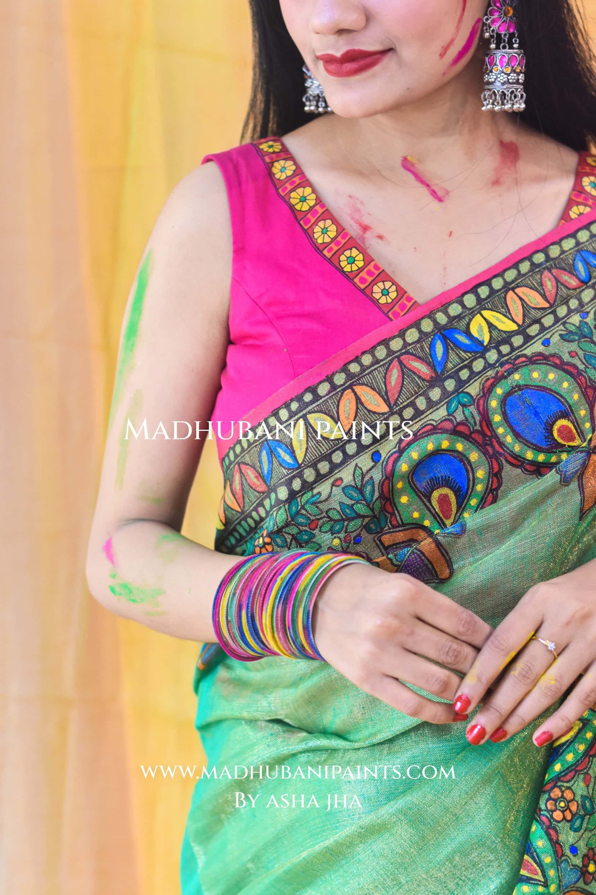 GULAL Hand-painted Madhubani Tissue Linen Saree Blouse Set — image 4 of 11