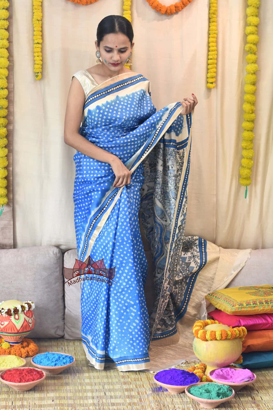 Madhubani Bandhani NEELI Mayur- Surmai Mandara Handpainted Saree — image 5 of 6