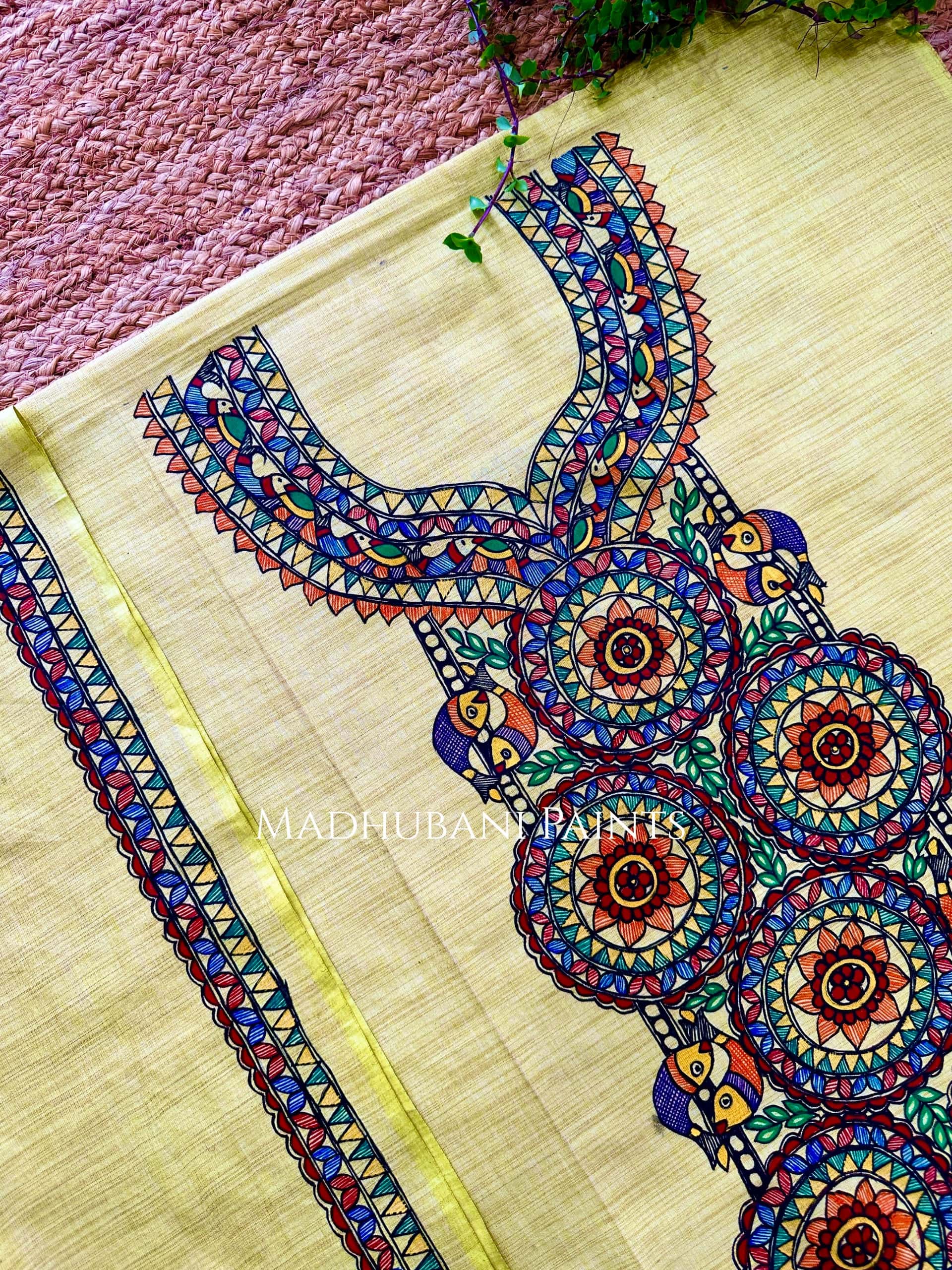 Phoolwari Matsya Hand-painted Madhubani Painting Cotton Unstitched Kurta Pant Dupatta Set — image 2 of 4