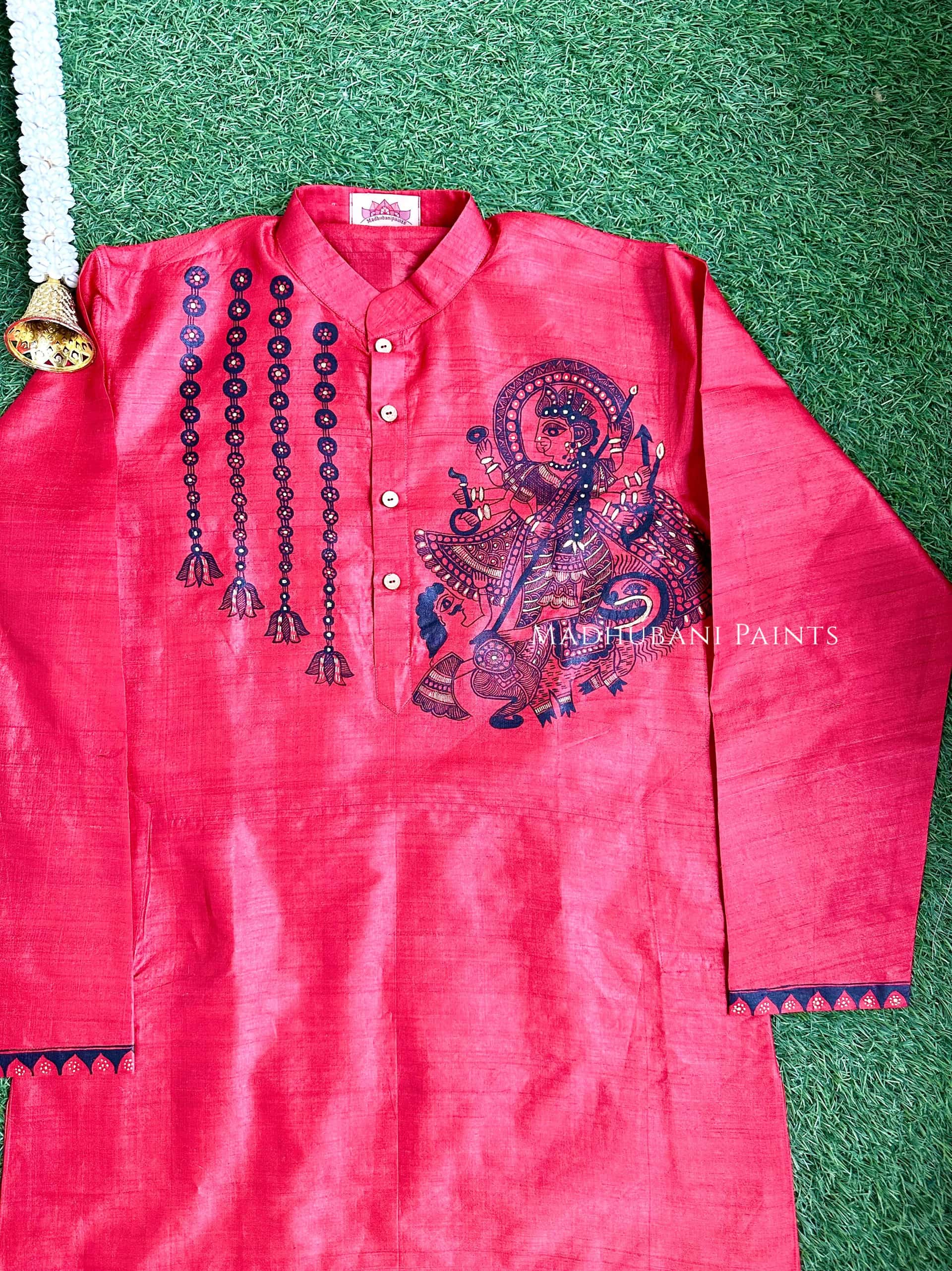 UTKARSHINI Hand-painted Handloom Red Men's Tussar Silk Kurta — image 3 of 5