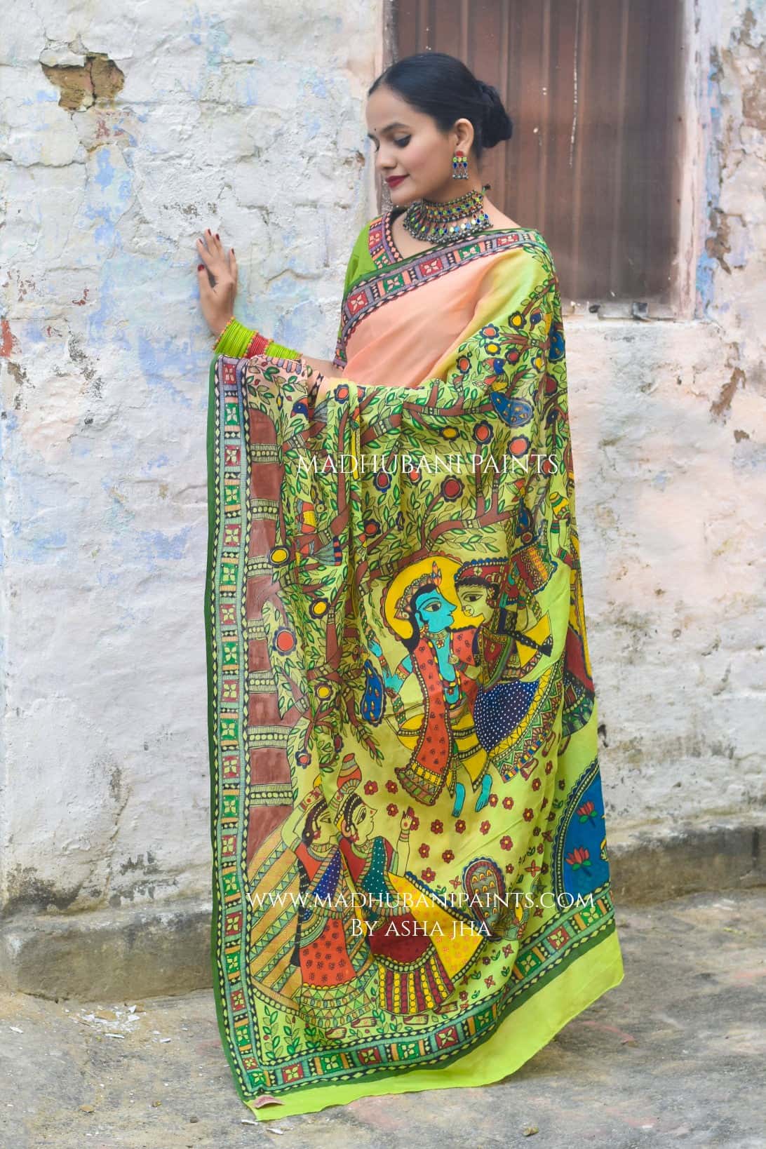 Radha Raman Prem Manjari Hand-painted Madhubani Chiffon Saree — image 2 of 6