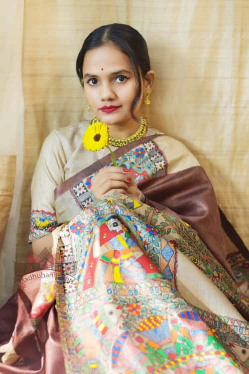 'MITHILA KOHBAR' Handpainted Madhubani Brown Tussar Silk Saree — image 2 of 6