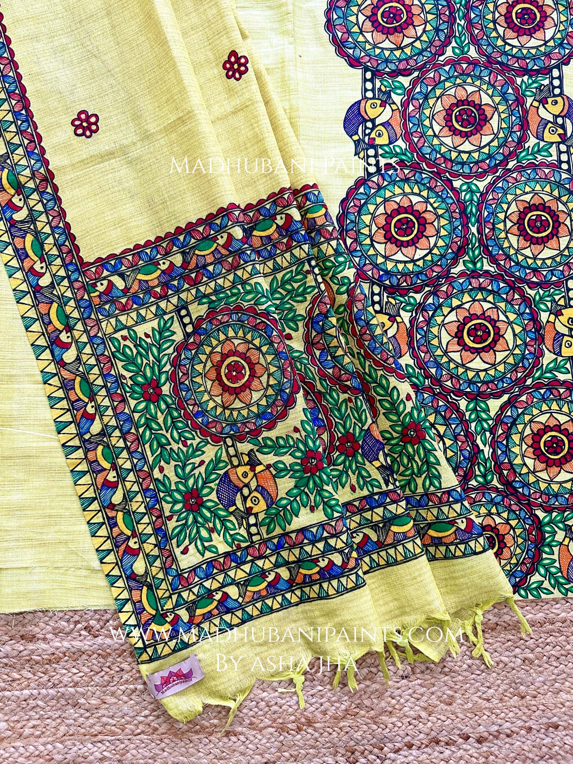 Phoolwari Matsya Hand-painted Madhubani Painting Cotton Unstitched Kurta Pant Dupatta Set — image 3 of 4