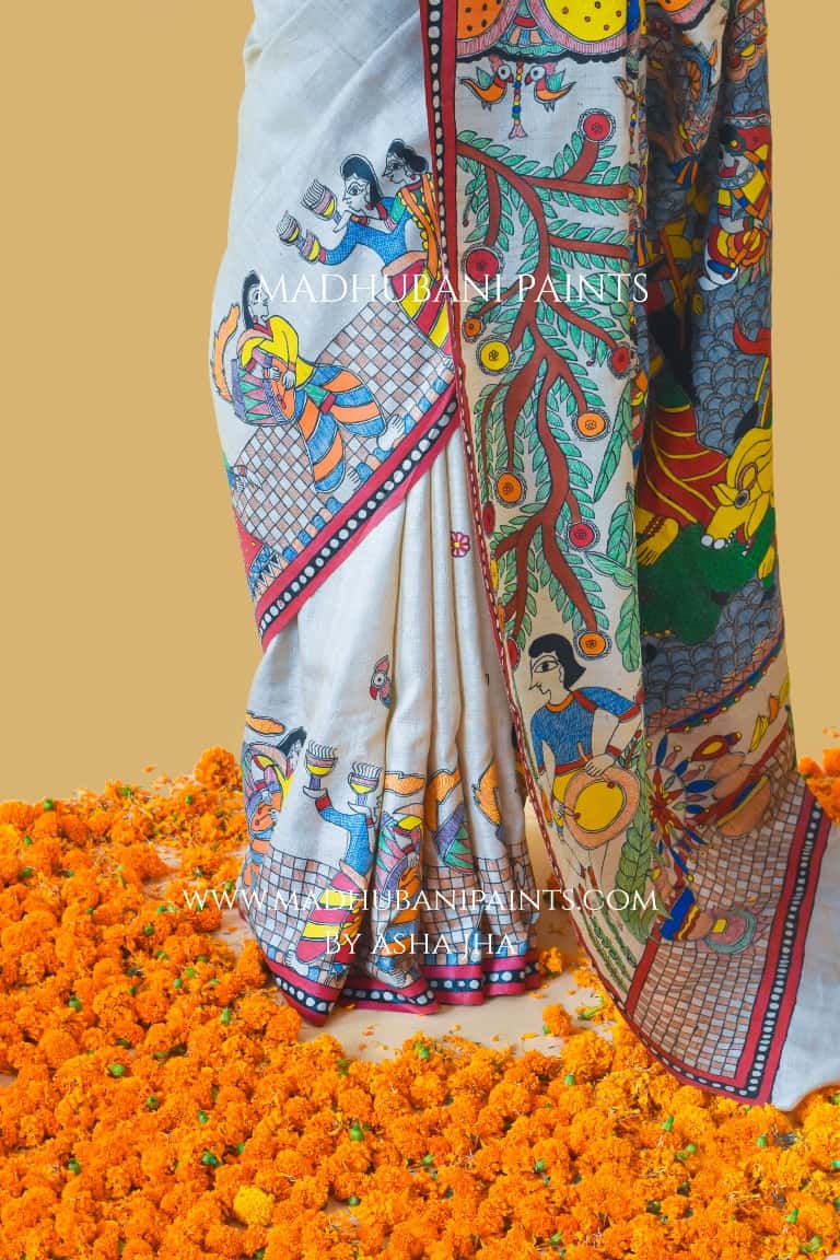 'SHAKTI' Handpainted Madhubani Tussar Silk Saree — image 3 of 10