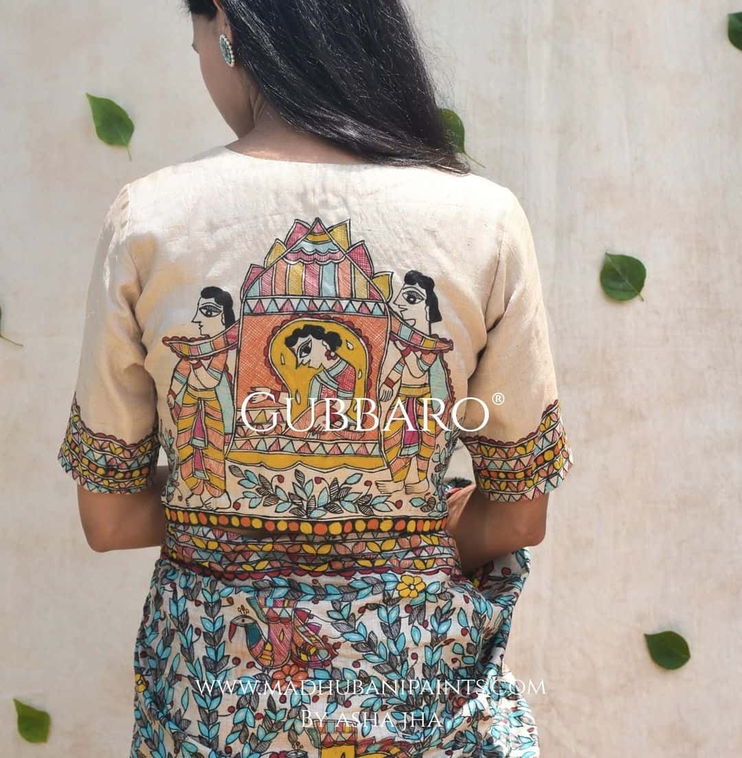 'Mithila ki Neeli Doli' Madhubani Hand-painted Saree Blouse Set — image 5 of 13