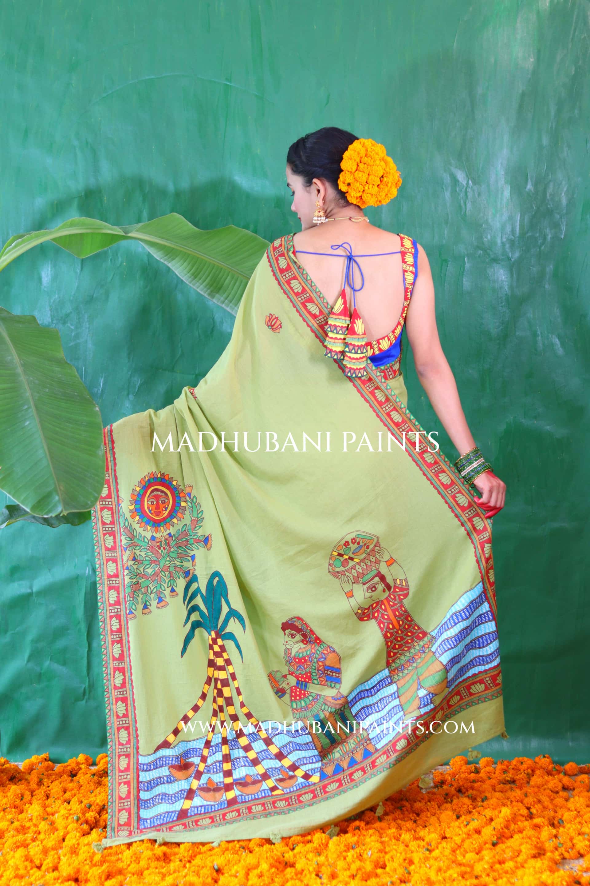 BHAKTI BHAVA Chhath Puja Hand painted Madhubani Cotton Saree — image 4 of 13