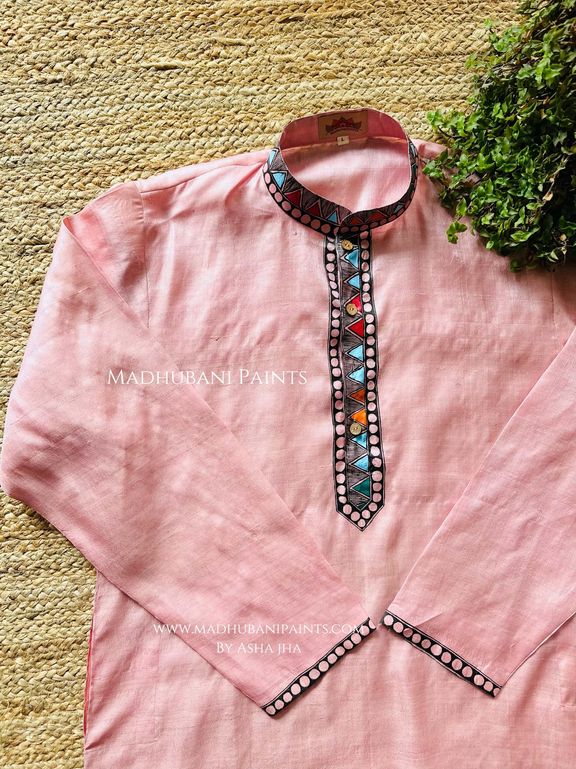Pink Mithila Borders Hand-painted  Madhubani Men's Tussar Silk Kurta — image 2 of 3