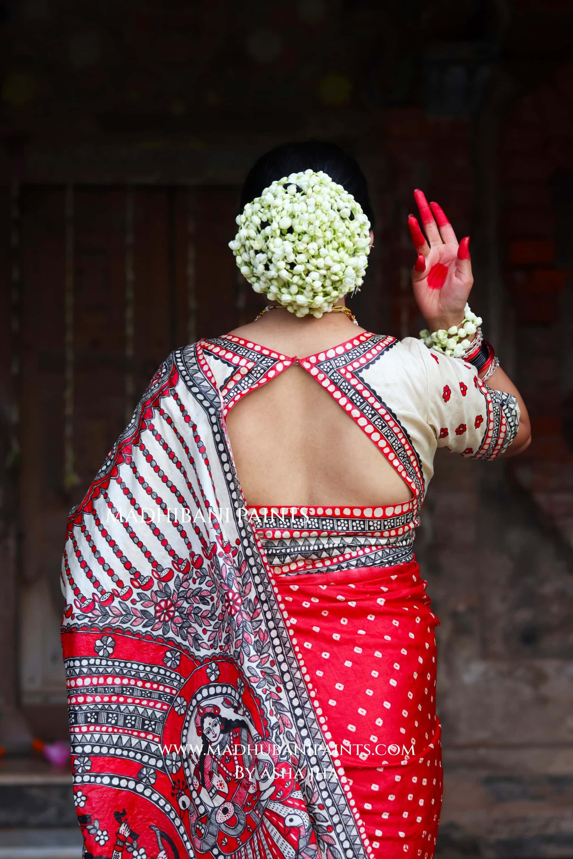 TRINETRA Handpainted Tussar Silk Madhubani Saree Blouse Set — image 9 of 17