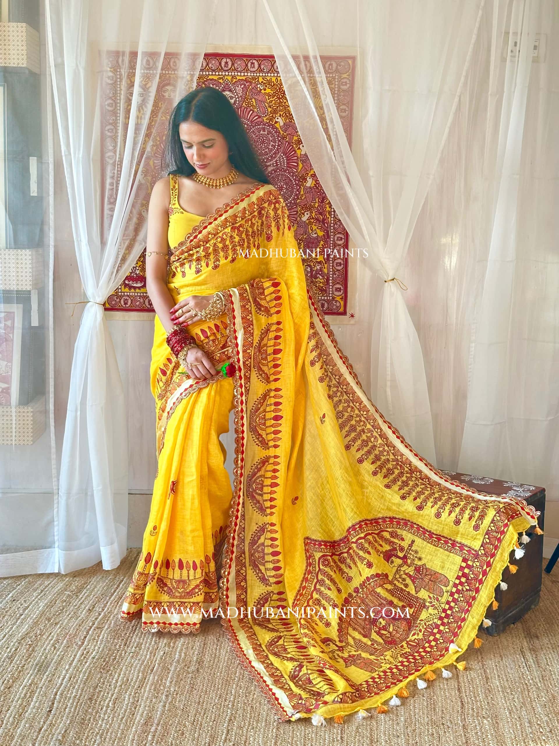Haldi Bridal Hand-painted Madhubani Painting Saree Blouse Set — image 9 of 11