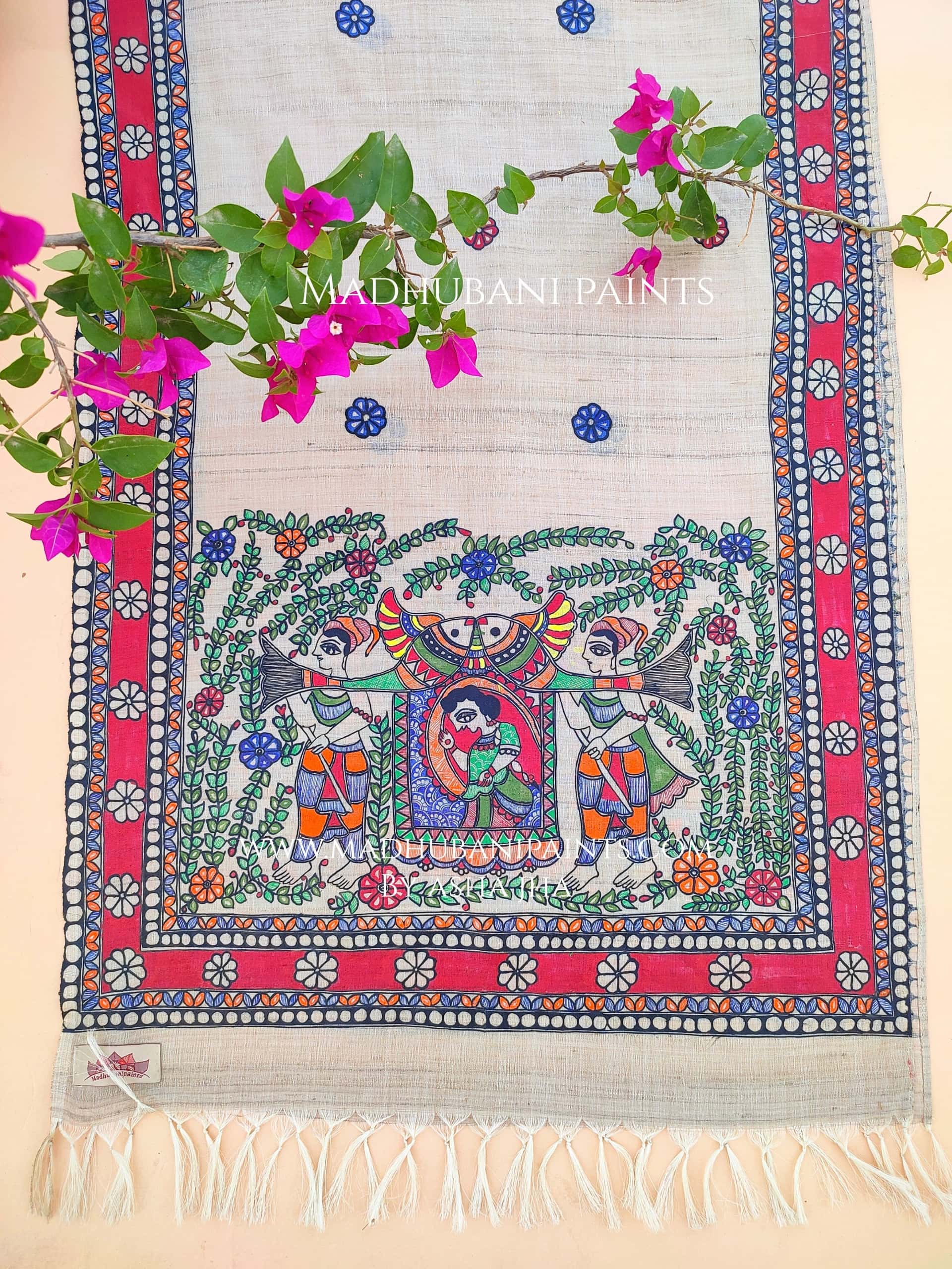 Bidaai Madhubani Hand-painted Tussar Silk Stole — image 3 of 3